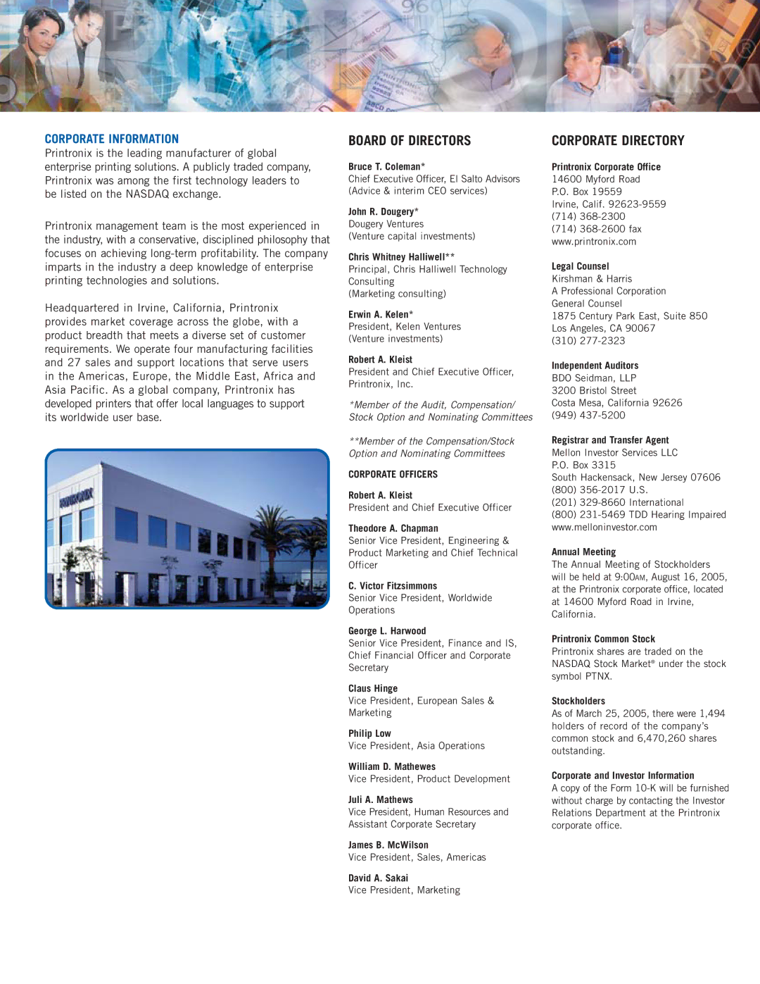 Printronix laser printers manual Board of Directors, Corporate Information 