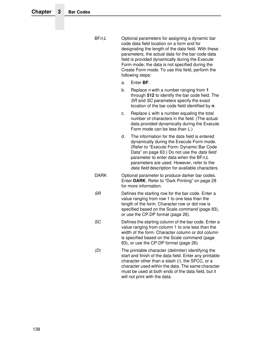 Printronix LQH-HWTM manual Parameter to enter data when the BFnL 