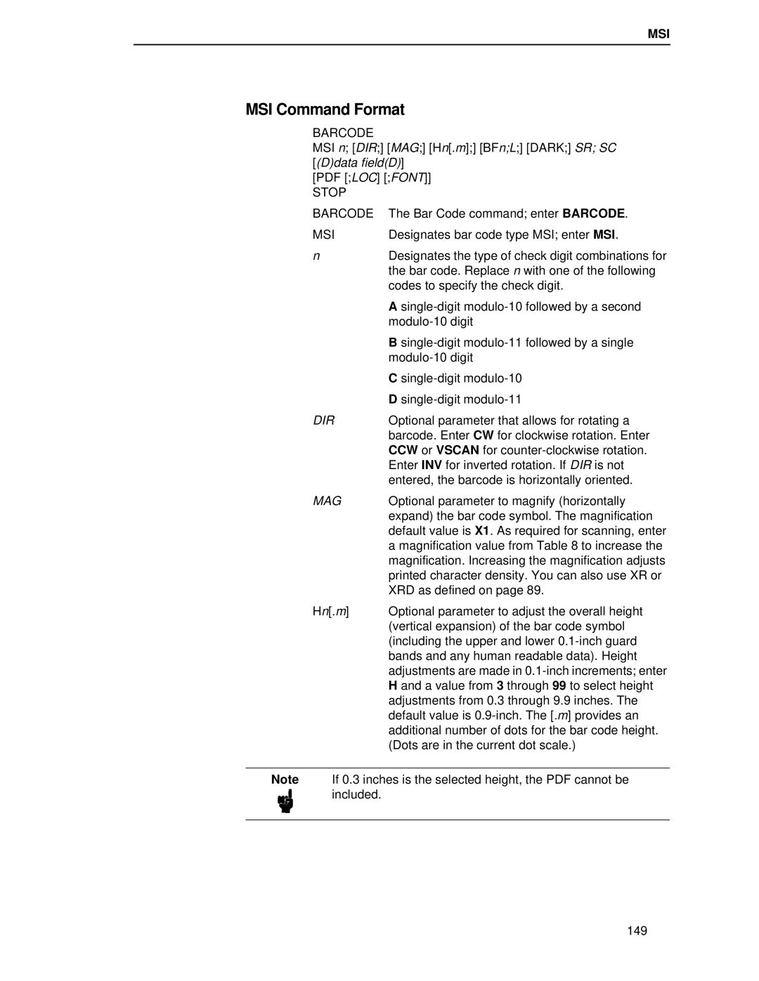 Printronix LQH-HWTM manual MSI Command Format, Barcode 