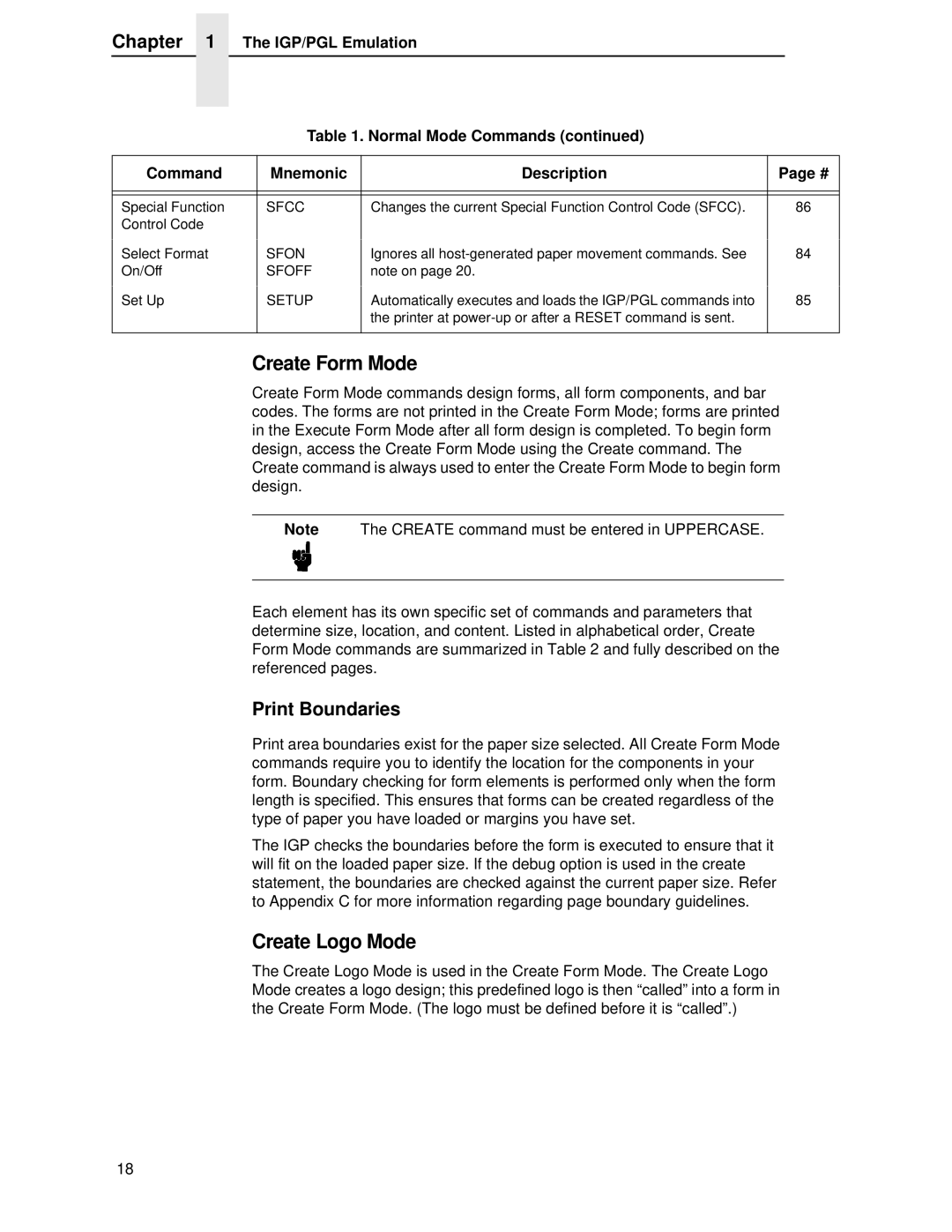 Printronix LQH-HWTM manual Create Form Mode, Create Logo Mode, IGP/PGL Emulation Normal Mode Commands Mnemonic Description 