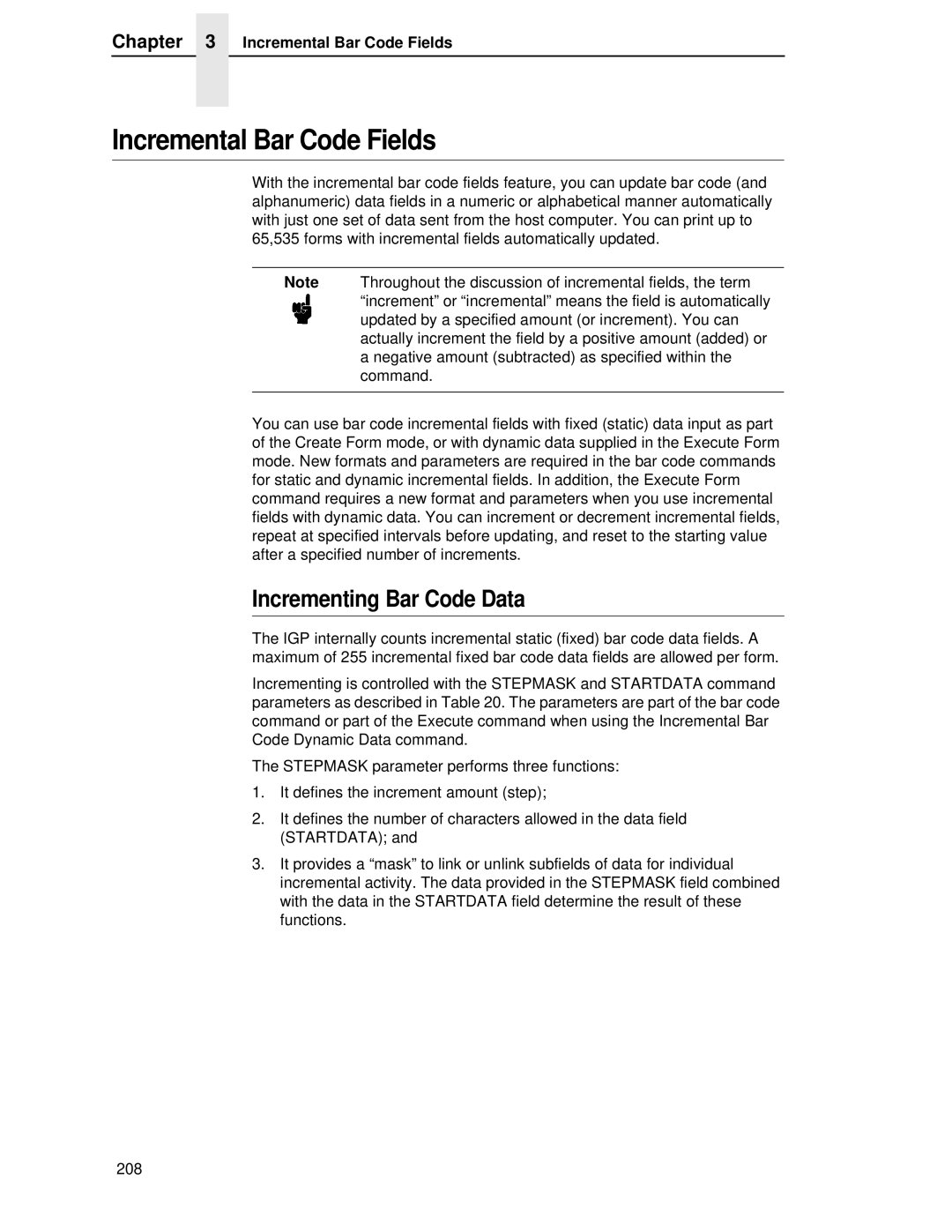 Printronix LQH-HWTM manual Incremental Bar Code Fields, Incrementing Bar Code Data 