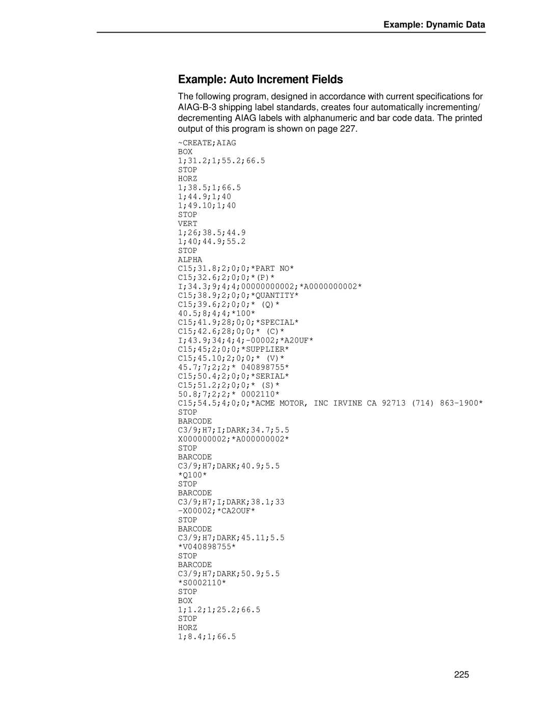 Printronix LQH-HWTM manual Example Auto Increment Fields, 50.8722 C1554.5400*ACME MOTOR, INC Irvine CA 92713 714 