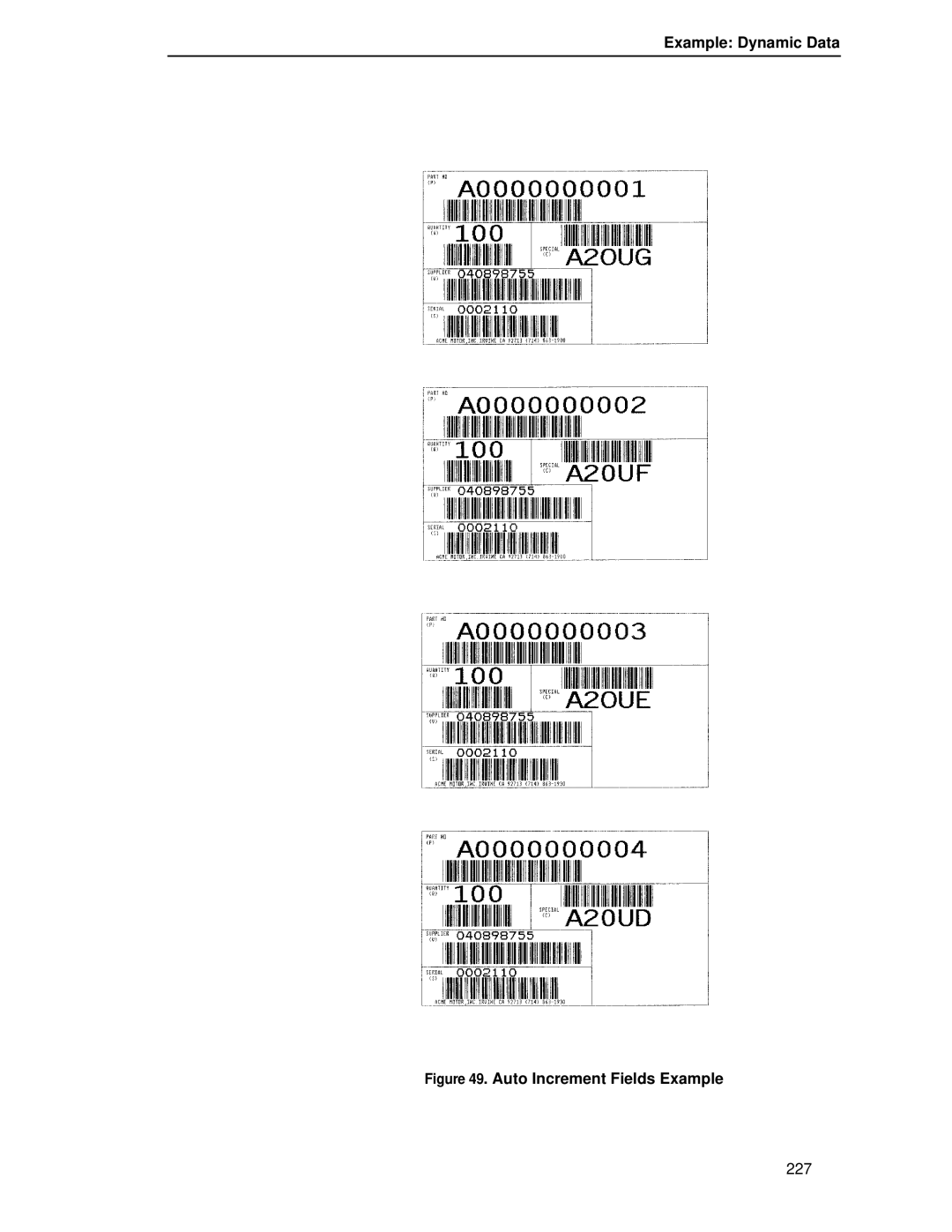 Printronix LQH-HWTM manual Auto Increment Fields Example 