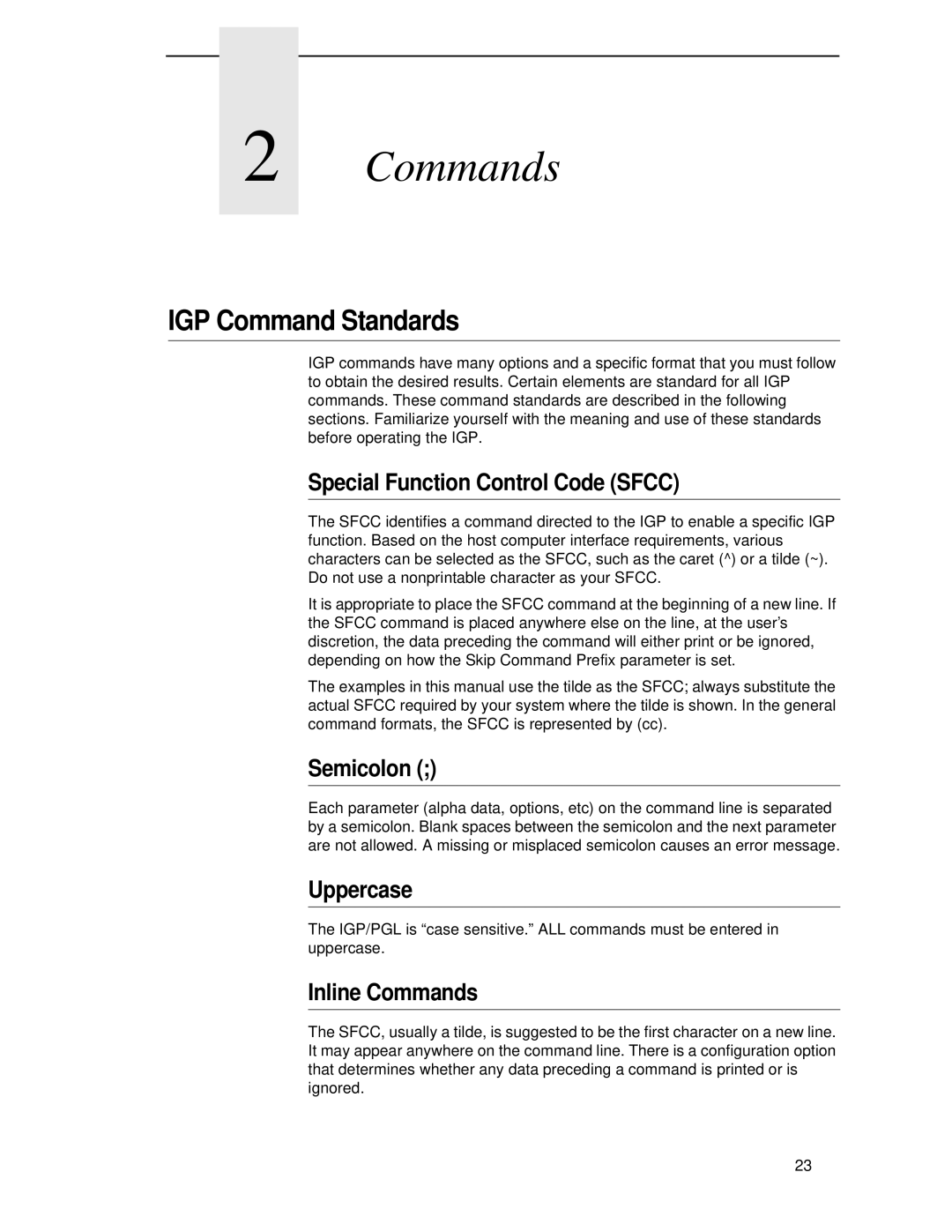 Printronix LQH-HWTM manual IGP Command Standards, Special Function Control Code Sfcc, Semicolon, Uppercase, Inline Commands 