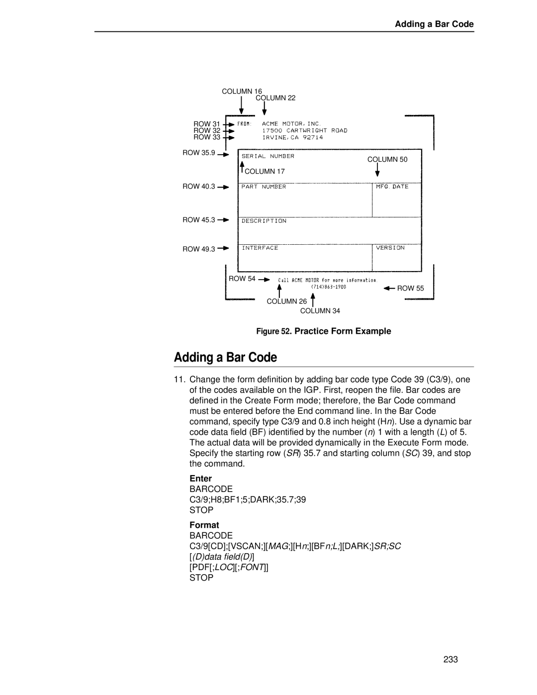 Printronix LQH-HWTM manual Adding a Bar Code, Enter 