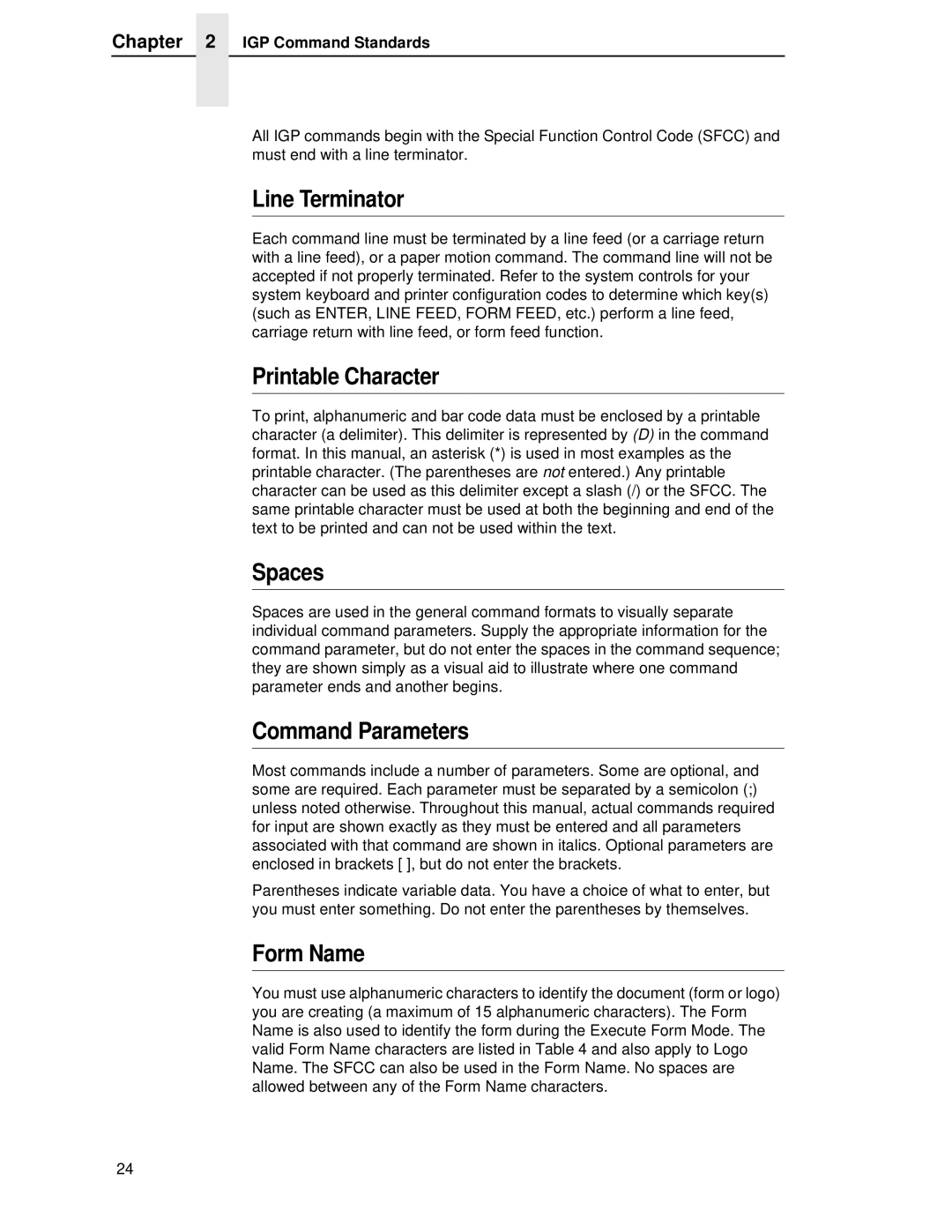 Printronix LQH-HWTM manual Line Terminator, Printable Character, Spaces, Command Parameters, Form Name 