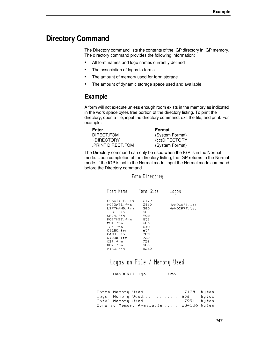 Printronix LQH-HWTM manual Directory Command, Example, Direct.Fom, ~Directory, Print DIRECT.FOM 