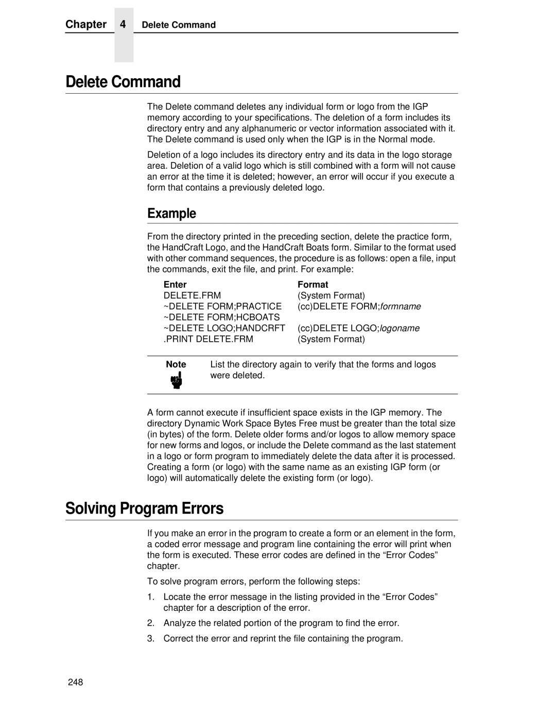 Printronix LQH-HWTM manual Delete Command, Solving Program Errors 