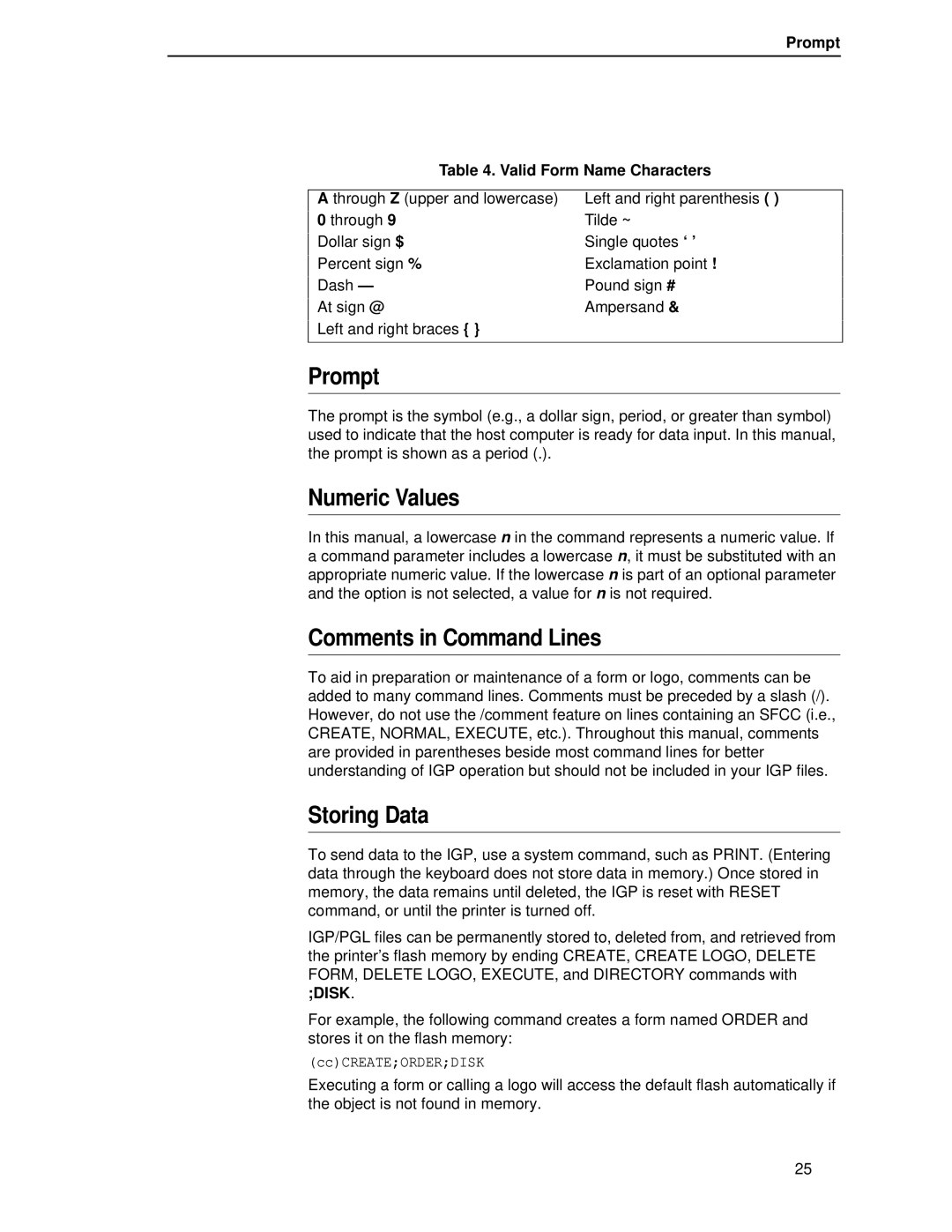 Printronix LQH-HWTM manual Prompt, Numeric Values, Comments in Command Lines, Storing Data 