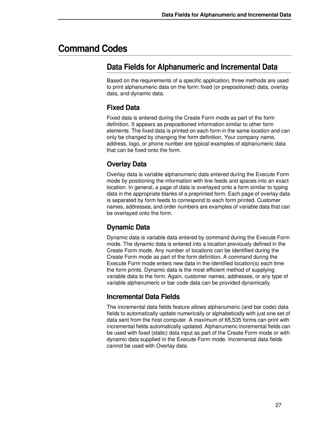 Printronix LQH-HWTM manual Command Codes, Data Fields for Alphanumeric and Incremental Data 