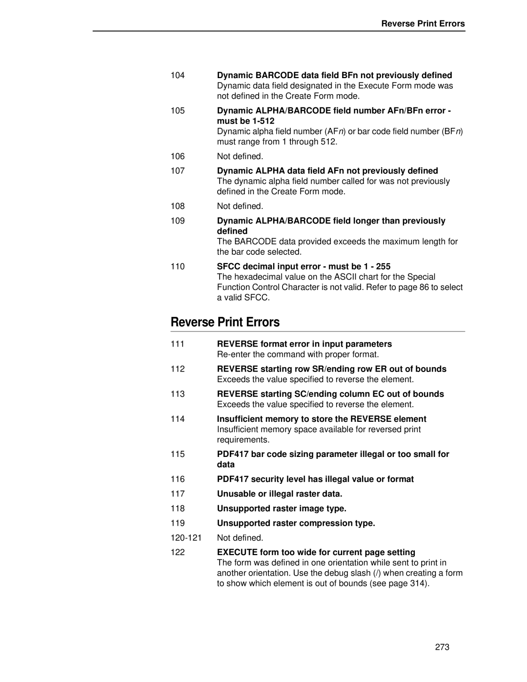 Printronix LQH-HWTM manual Reverse Print Errors, Dynamic ALPHA/BARCODE field longer than previously defined 