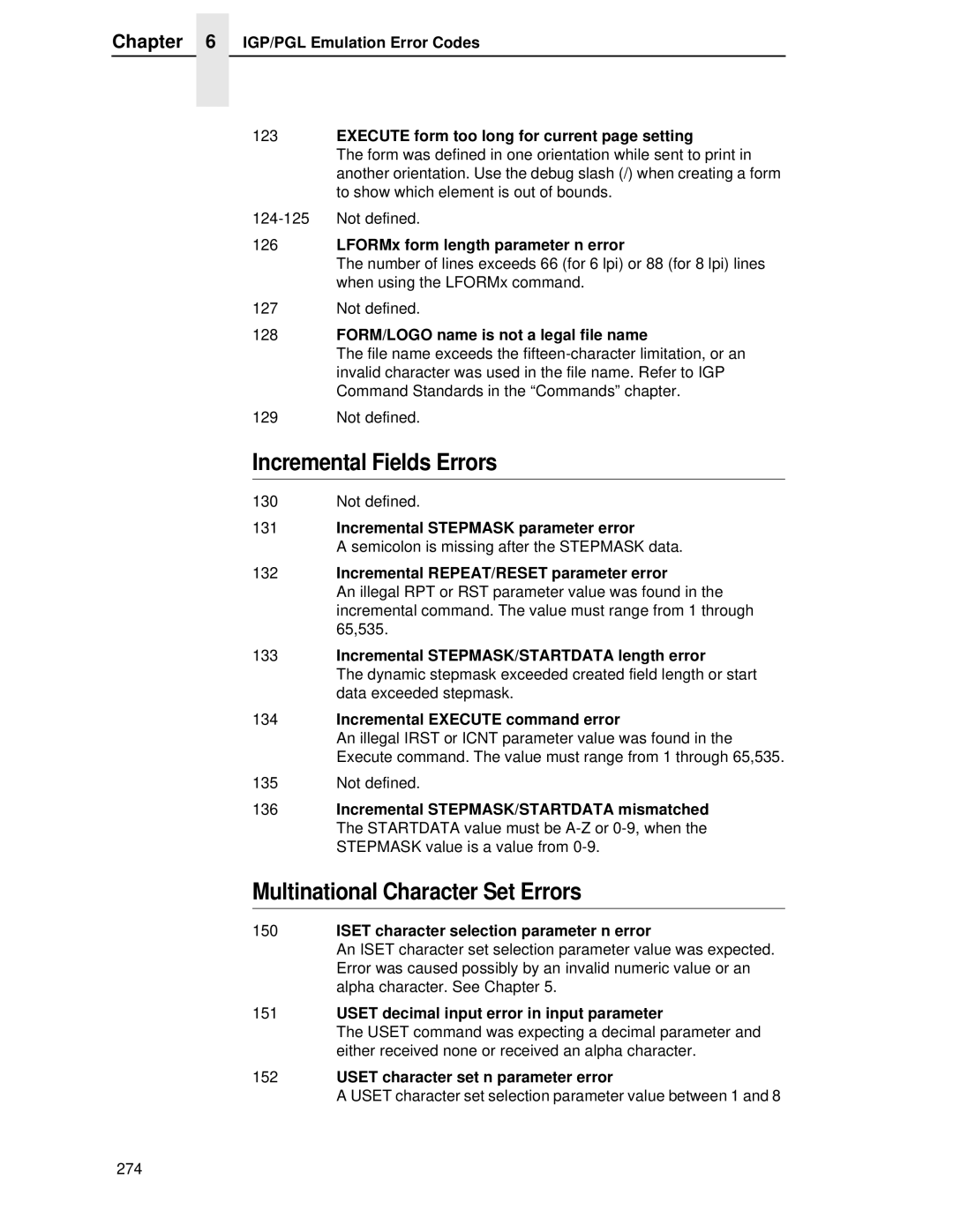 Printronix LQH-HWTM manual Incremental Fields Errors, Multinational Character Set Errors 