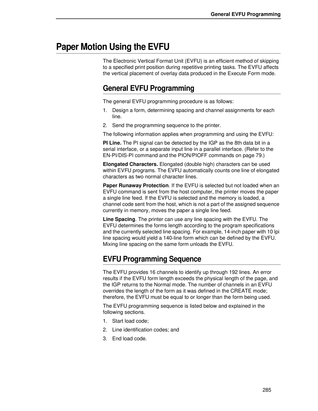 Printronix LQH-HWTM manual Paper Motion Using the Evfu, General Evfu Programming, Evfu Programming Sequence 