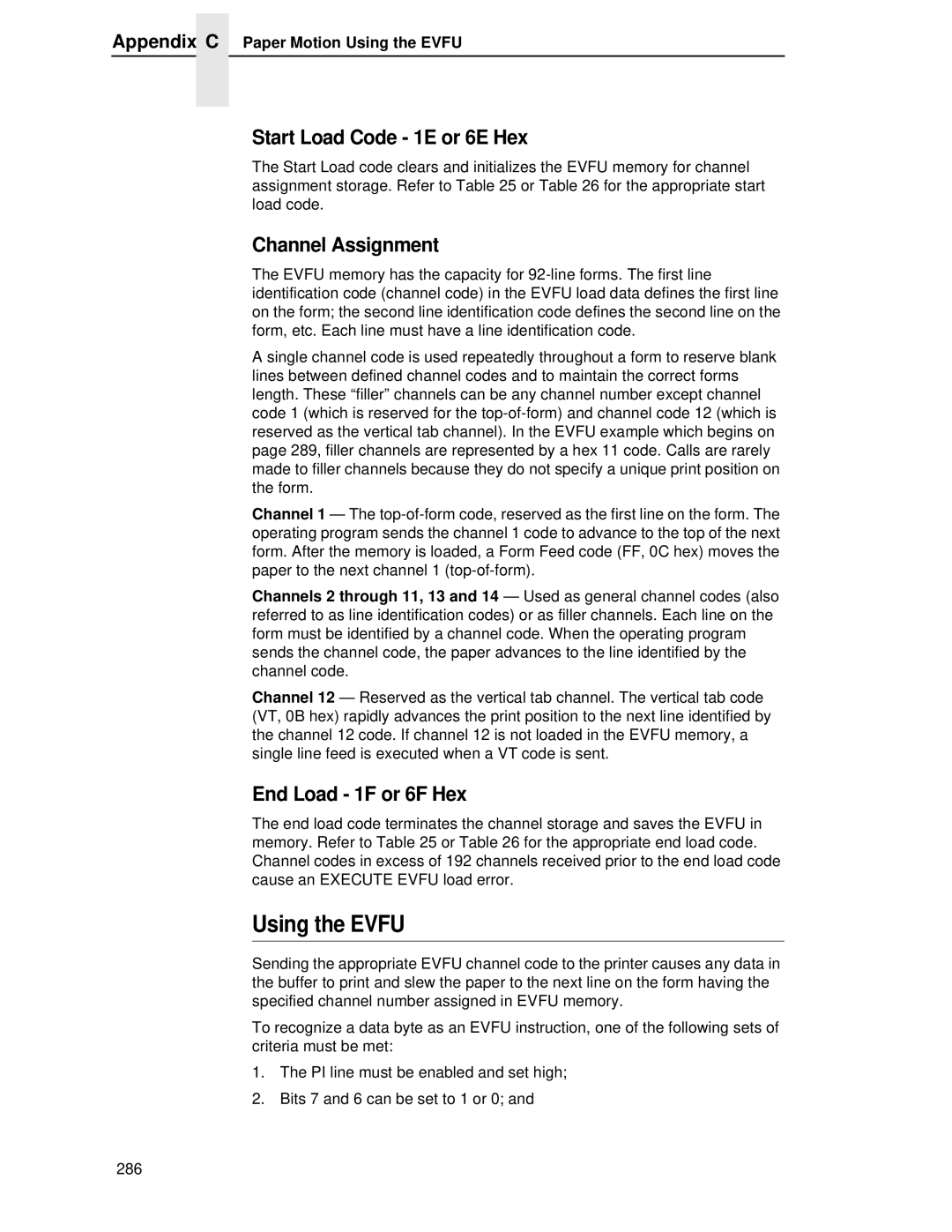 Printronix LQH-HWTM manual Using the Evfu, Start Load Code 1E or 6E Hex, Channel Assignment, End Load 1F or 6F Hex 
