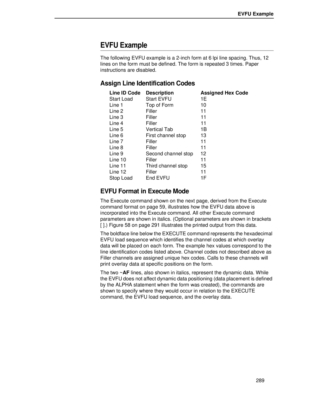 Printronix LQH-HWTM manual Evfu Example, Assign Line Identification Codes, Evfu Format in Execute Mode 