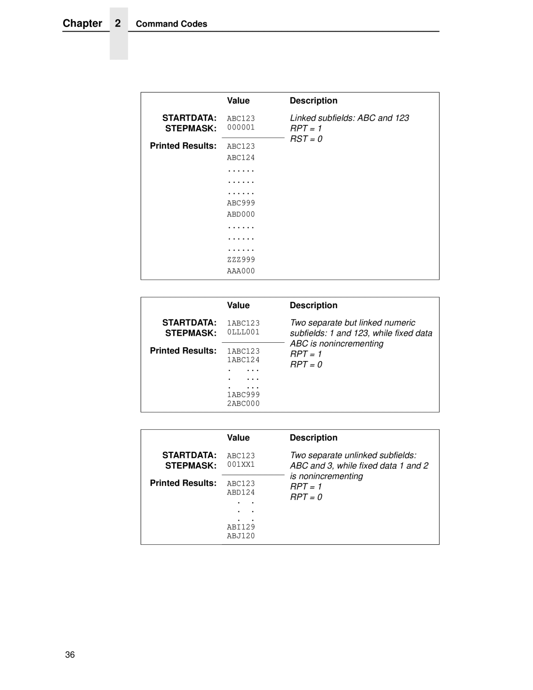 Printronix LQH-HWTM manual Command Codes Value Description, Printed Results 1ABC123, Printed Results ABC123 