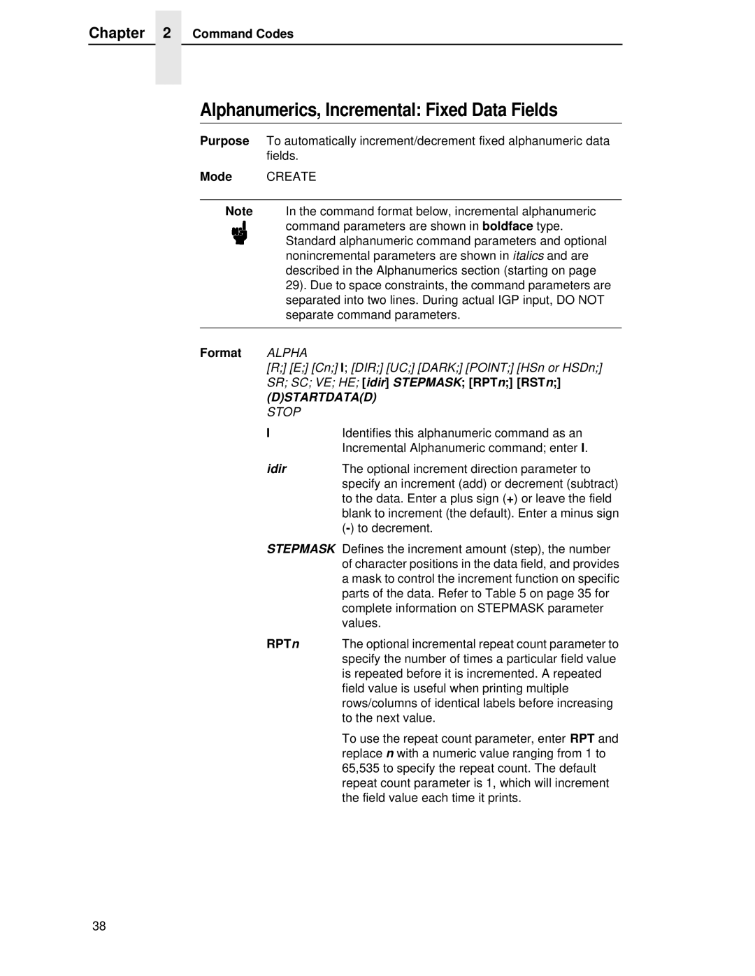 Printronix LQH-HWTM manual Alphanumerics, Incremental Fixed Data Fields, Format Alpha, RPT n 