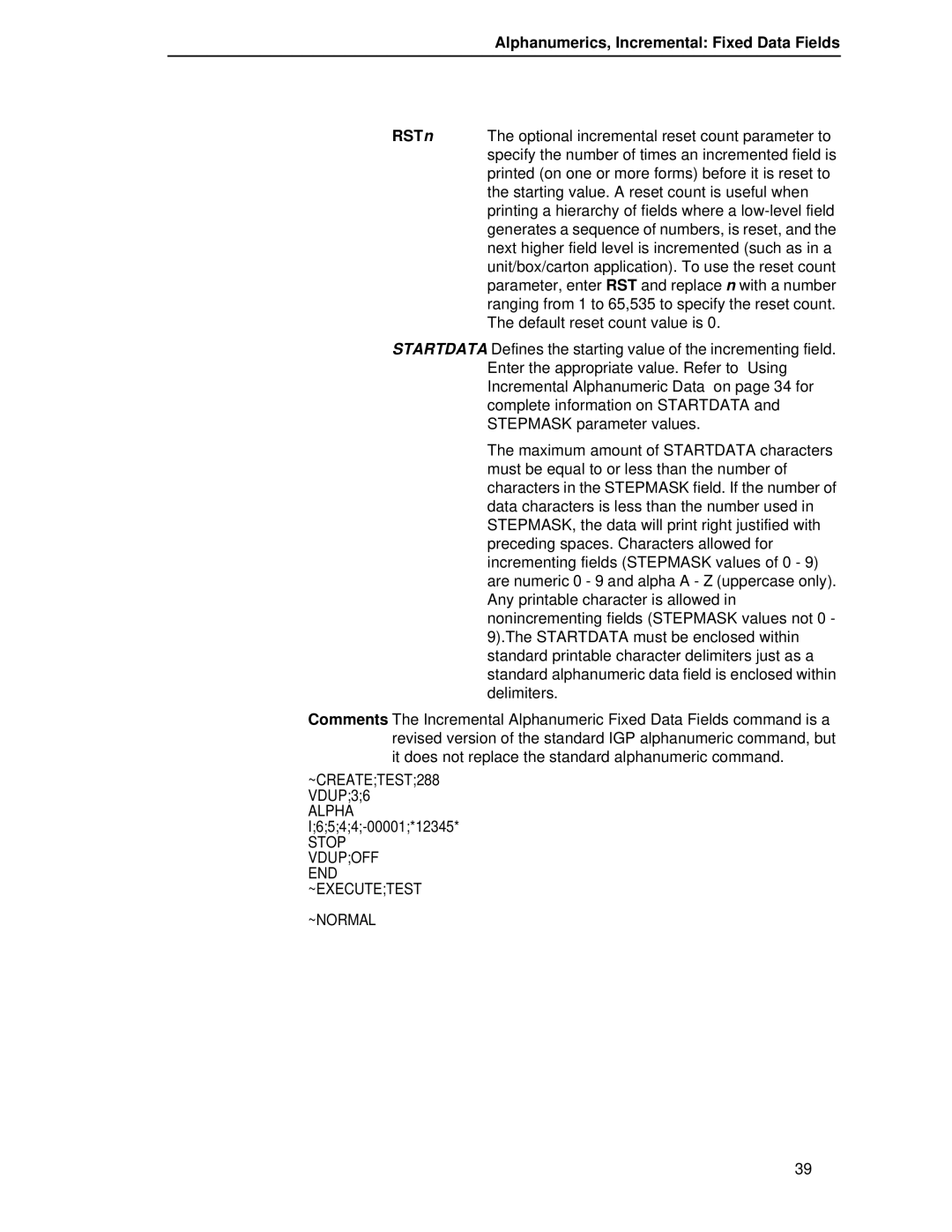 Printronix LQH-HWTM manual Alphanumerics, Incremental Fixed Data Fields 