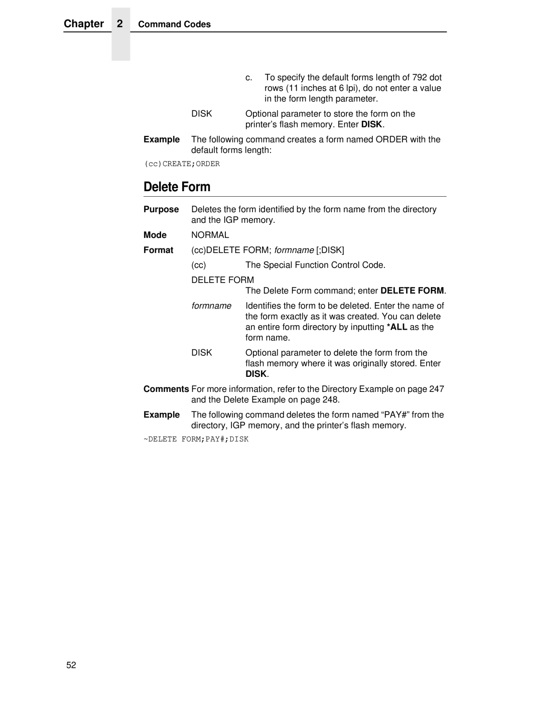 Printronix LQH-HWTM manual Delete Form, Disk, Optional parameter to delete the form from 