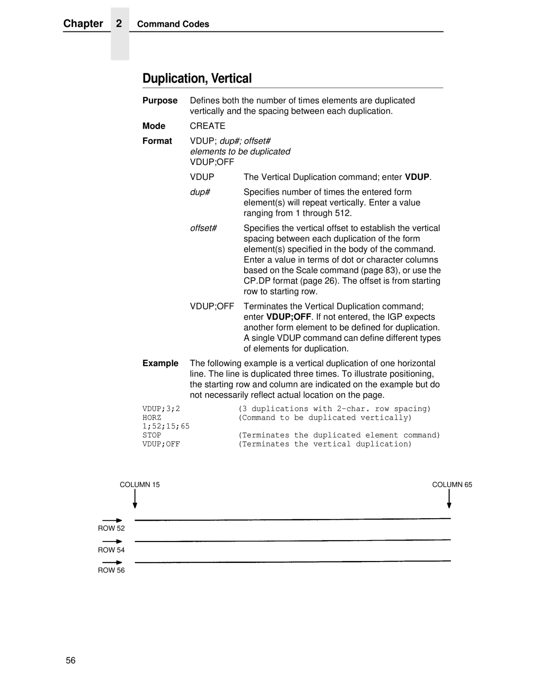 Printronix LQH-HWTM manual Duplication, Vertical, Vdup dup# offset#, Elements to be duplicated, Vdupoff, Example 