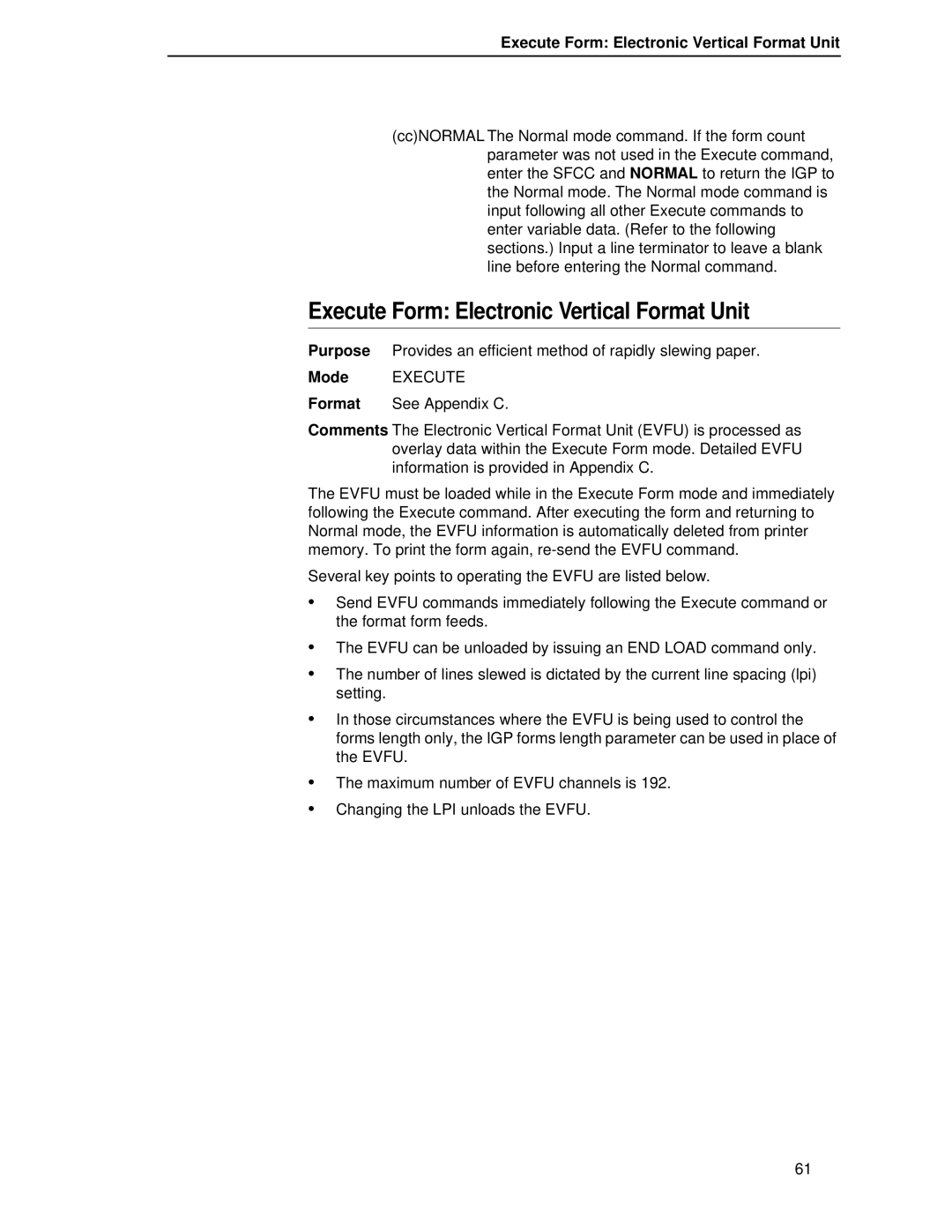 Printronix LQH-HWTM manual Execute Form Electronic Vertical Format Unit 