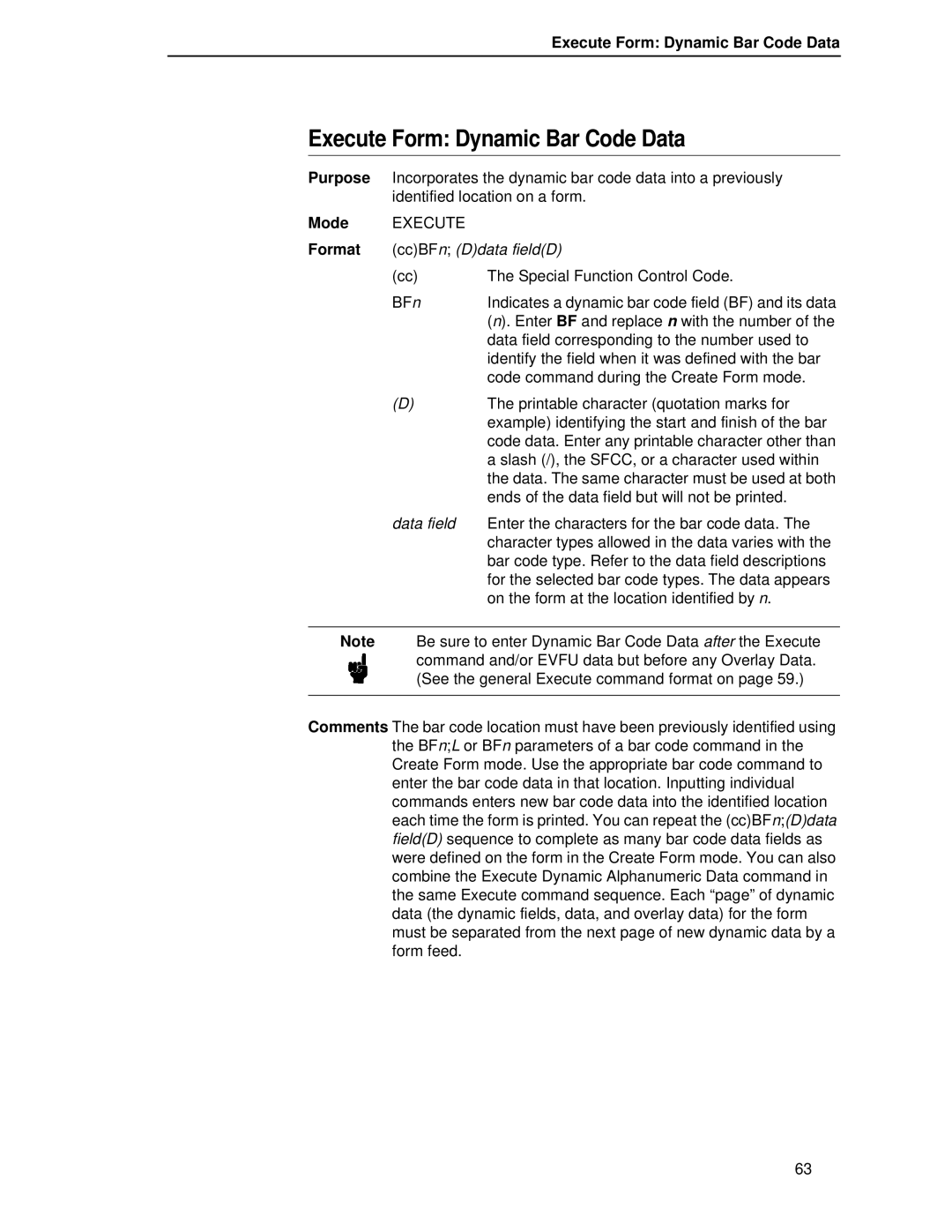 Printronix LQH-HWTM manual Execute Form Dynamic Bar Code Data, Format ccBFn Ddata fieldD 