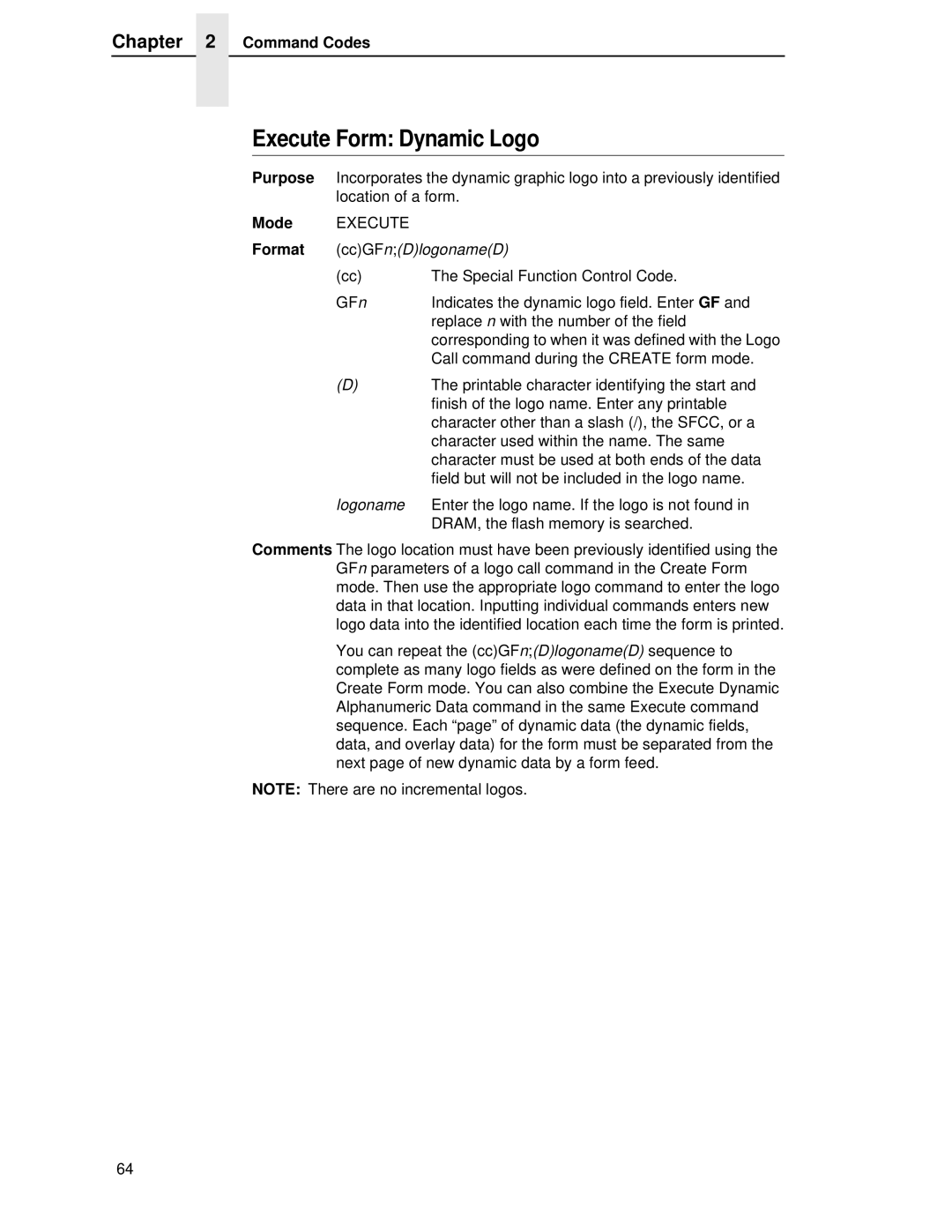 Printronix LQH-HWTM manual Execute Form Dynamic Logo, Format ccGFnDlogonameD 