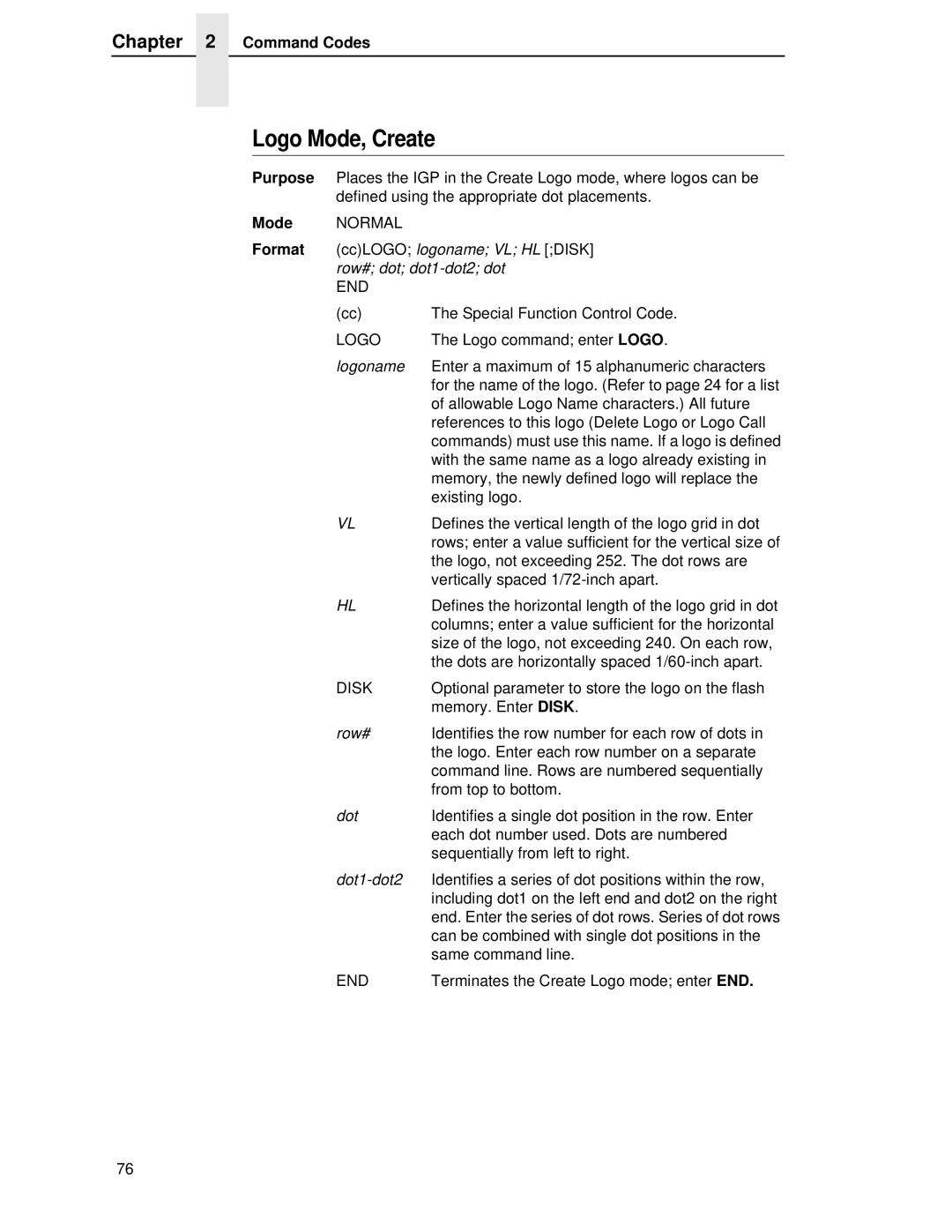 Printronix LQH-HWTM manual Logo Mode, Create, Logoname, Row#, Dot1-dot2 