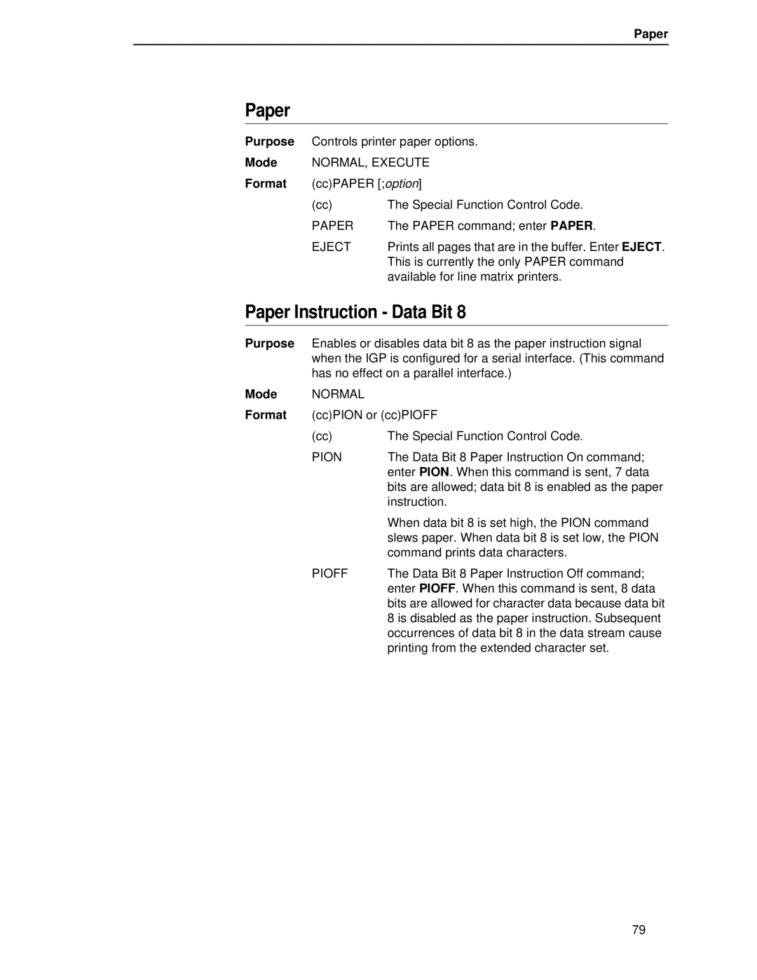 Printronix LQH-HWTM manual Paper Instruction Data Bit 