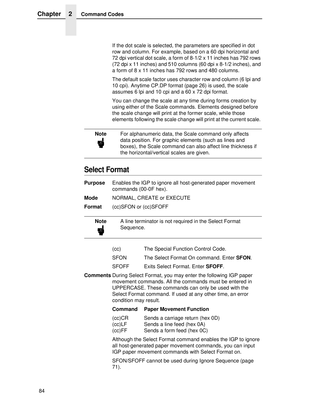 Printronix LQH-HWTM manual Select Format, Sfon, Sfoff, Command Paper Movement Function 