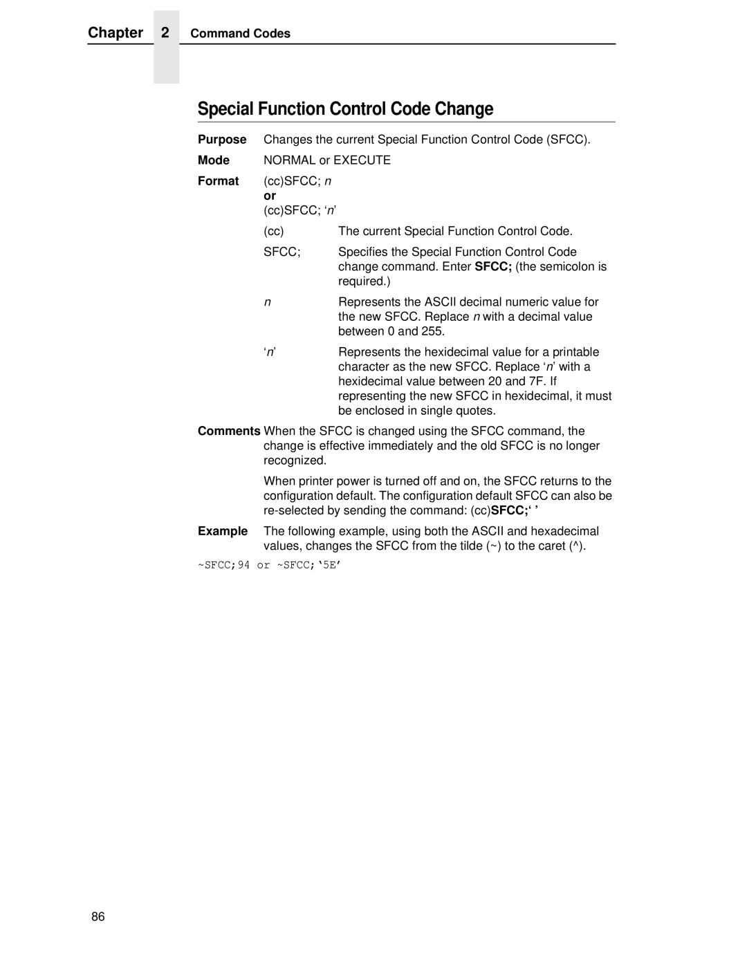 Printronix LQH-HWTM manual Special Function Control Code Change, Format ccSFCC n or ccSFCC ‘n’ 