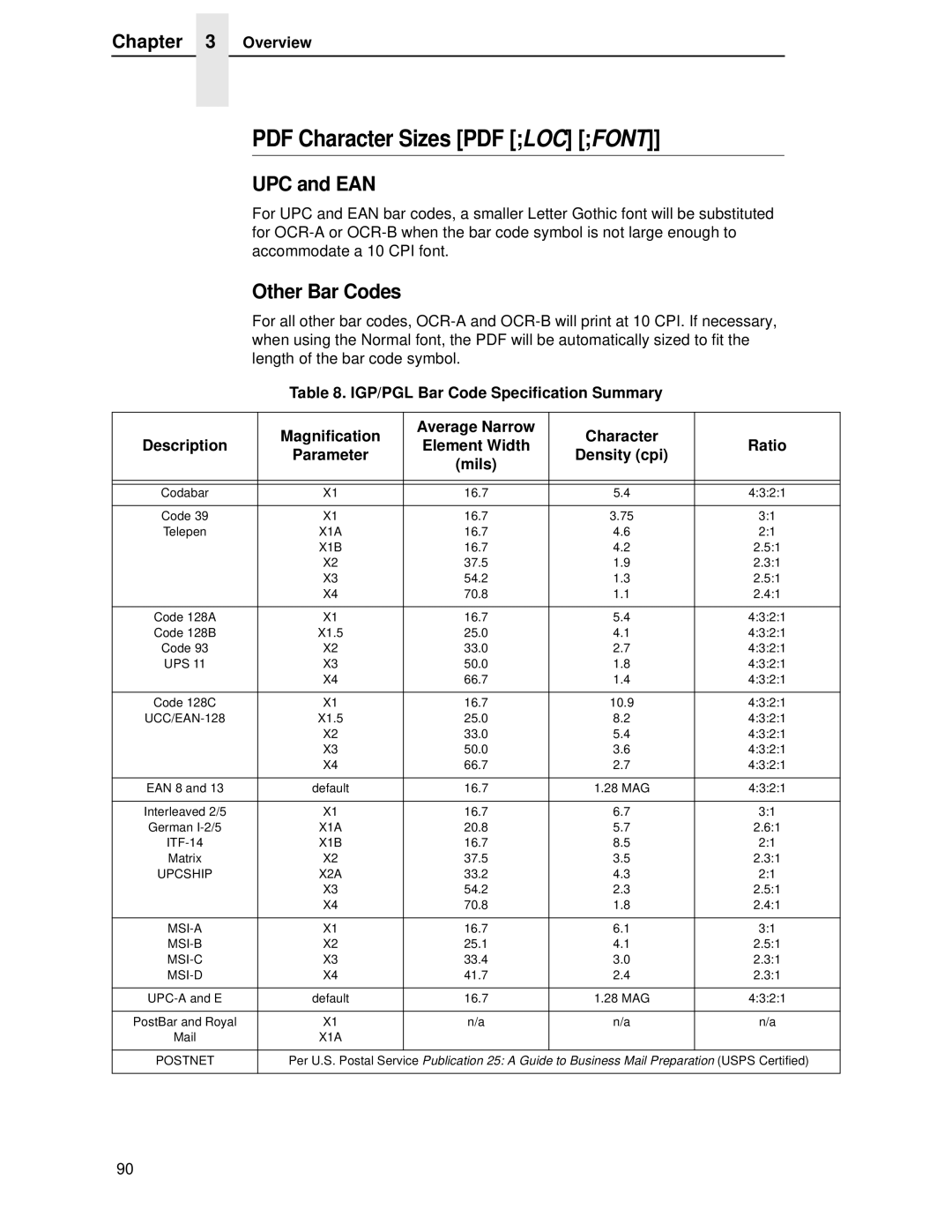 Printronix LQH-HWTM manual UPC and EAN, Other Bar Codes, Ratio, Density cpi, Mils 