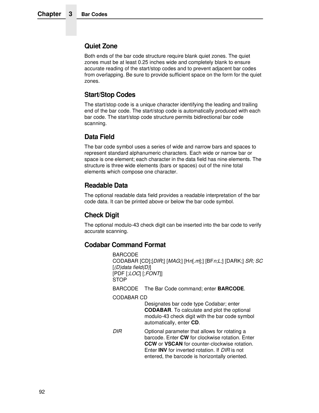 Printronix LQH-HWTM manual Quiet Zone, Start/Stop Codes, Data Field, Readable Data, Check Digit, Codabar Command Format 