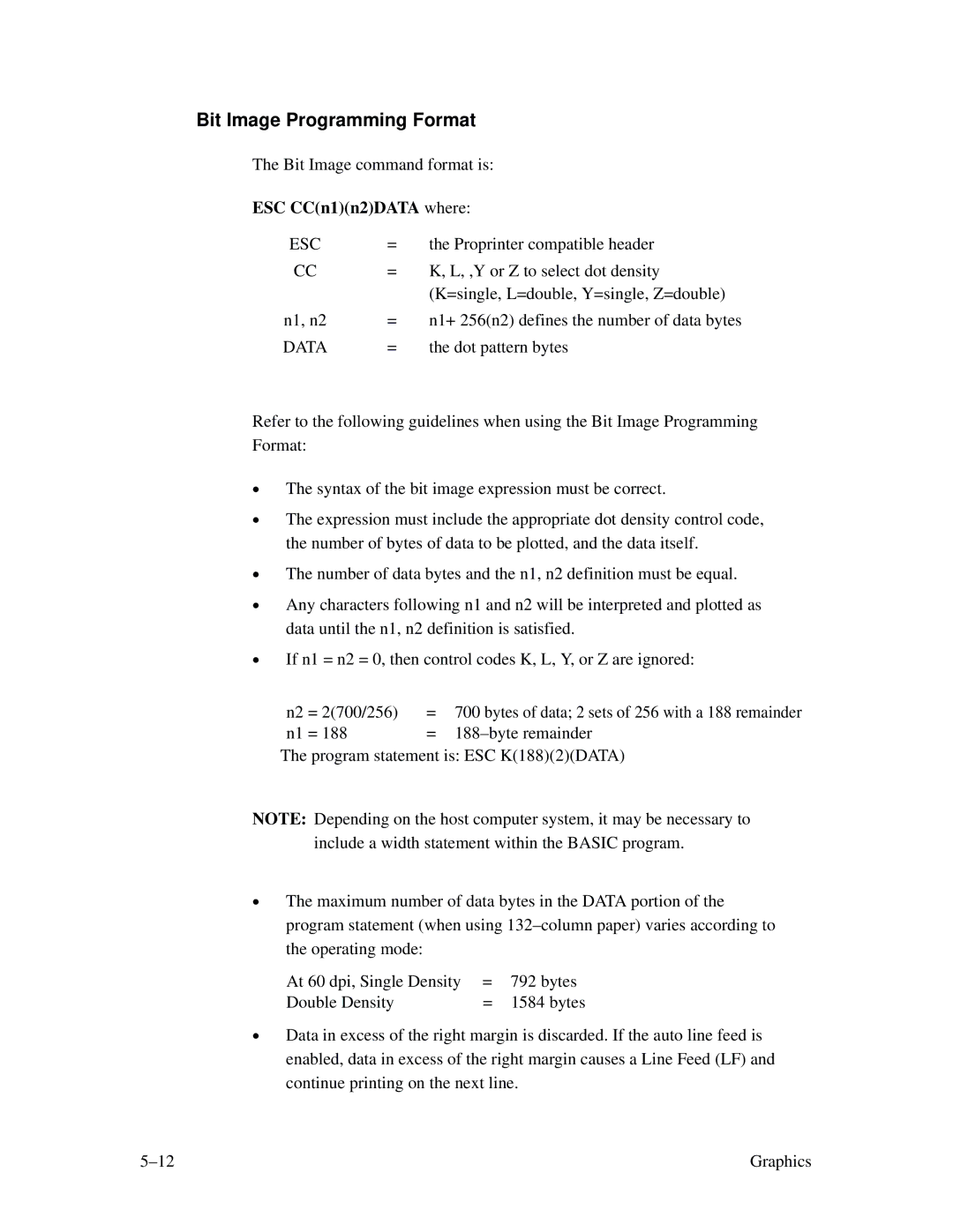 Printronix MVP Series user manual Bit Image Programming Format, ESC CCn1n2DATA where 