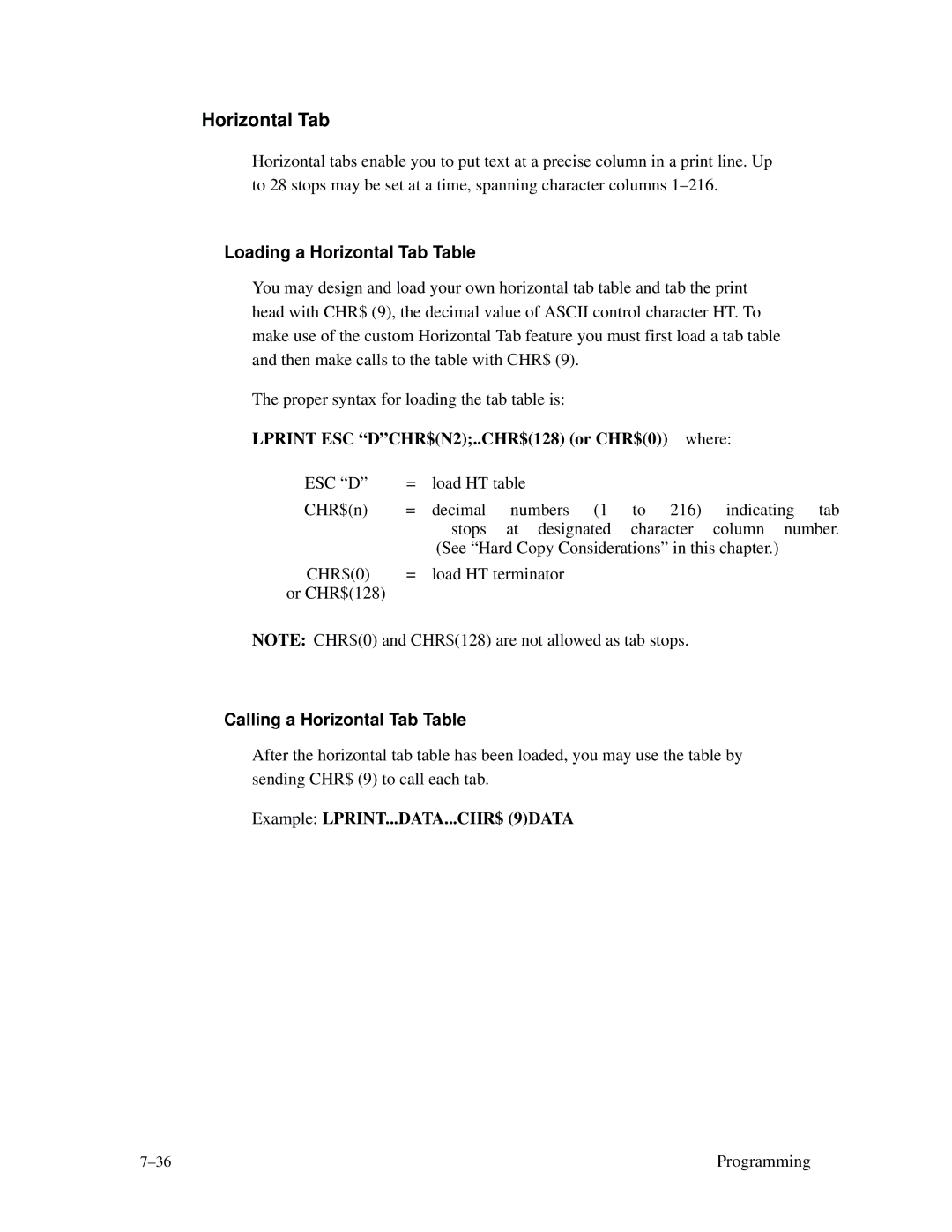 Printronix MVP Series user manual Loading a Horizontal Tab Table, Calling a Horizontal Tab Table 