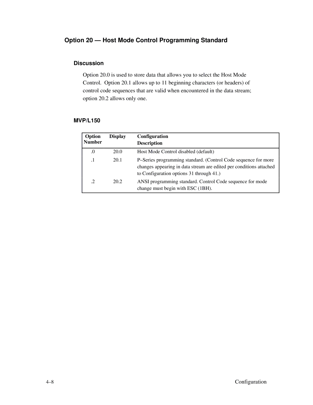 Printronix MVP Series user manual Option 20 Host Mode Control Programming Standard, Discussion, MVP/L150 