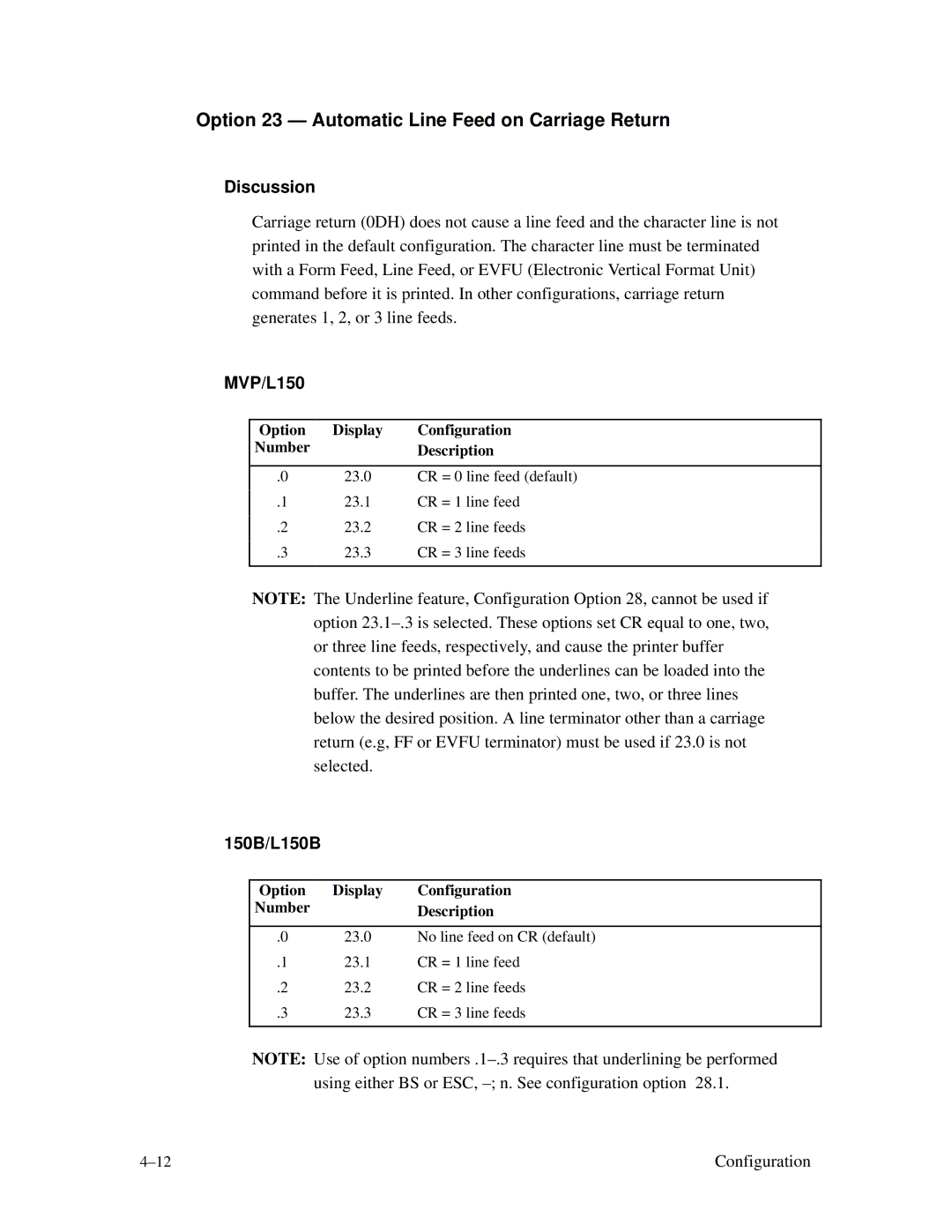 Printronix MVP Series user manual Option 23 Automatic Line Feed on Carriage Return, Discussion MVP/L150 