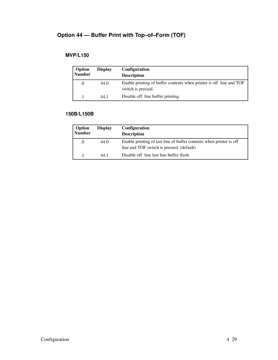 Printronix MVP Series user manual Option 44 Buffer Print with Top-of-Form TOF 