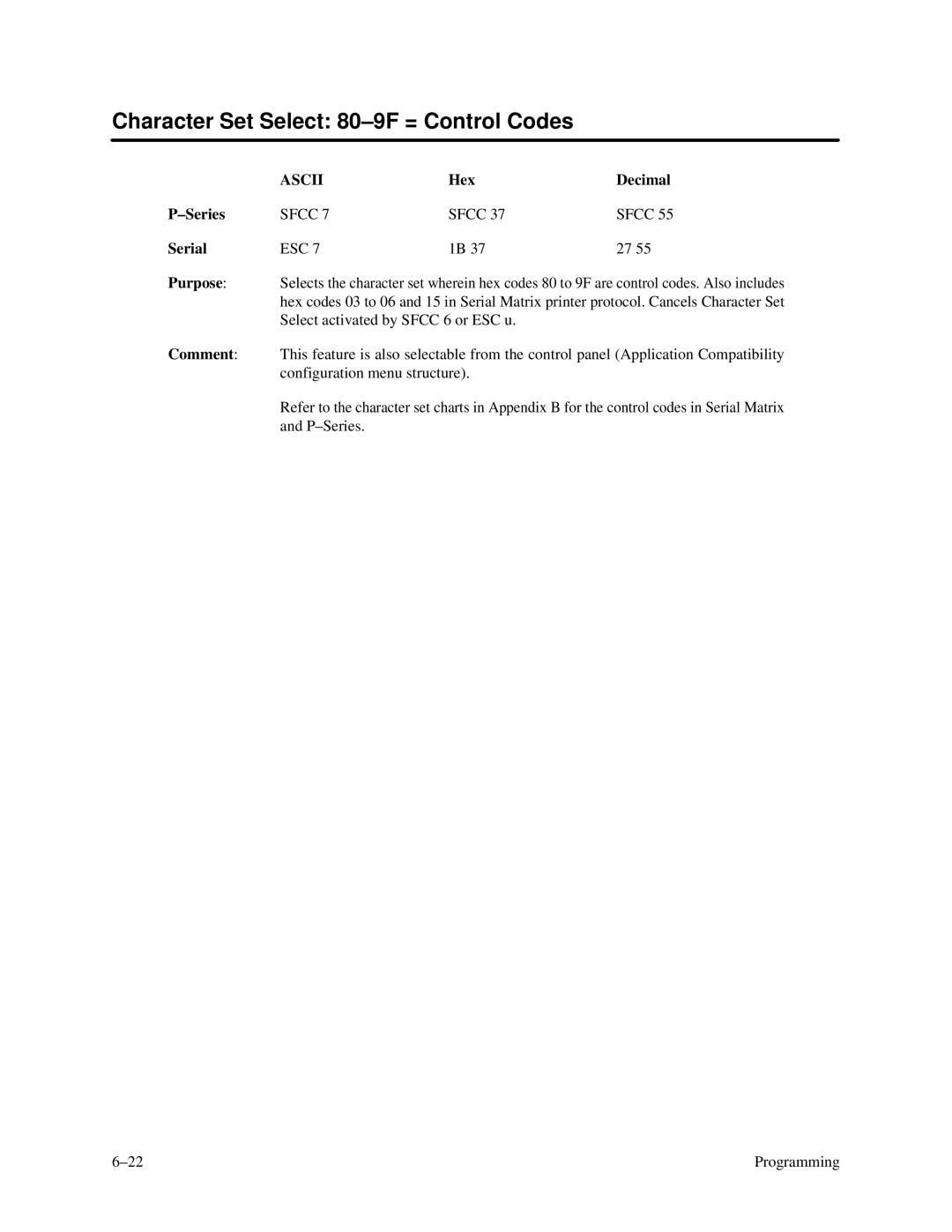 Printronix P3000 Series manual Character Set Select 80-9F = Control Codes, Hex Decimal Series 