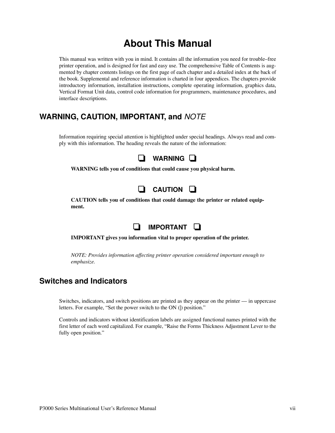 Printronix P3000 Series manual About This Manual, Switches and Indicators 