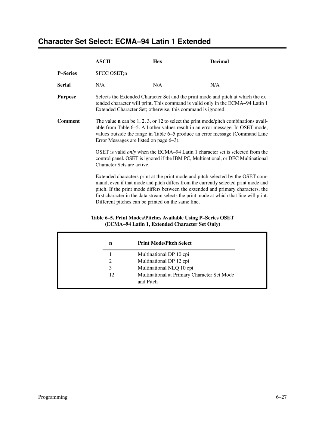 Printronix P3000 Series manual Character Set Select ECMA-94 Latin 1 Extended, Serial Purpose 