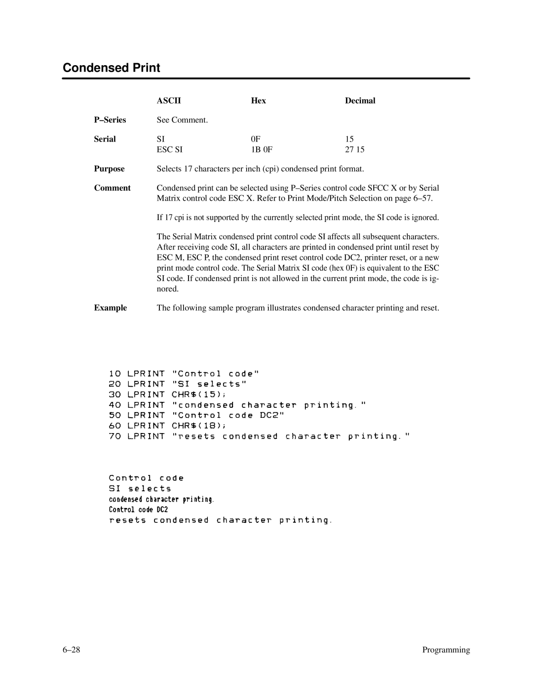 Printronix P3000 Series manual Condensed Print, Serial 