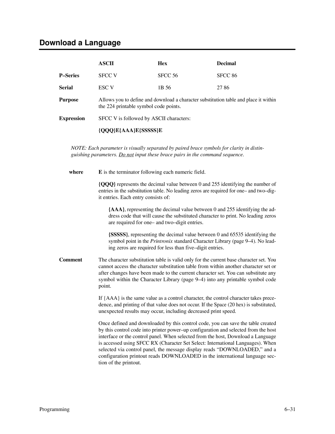 Printronix P3000 Series manual Download a Language, Esc 