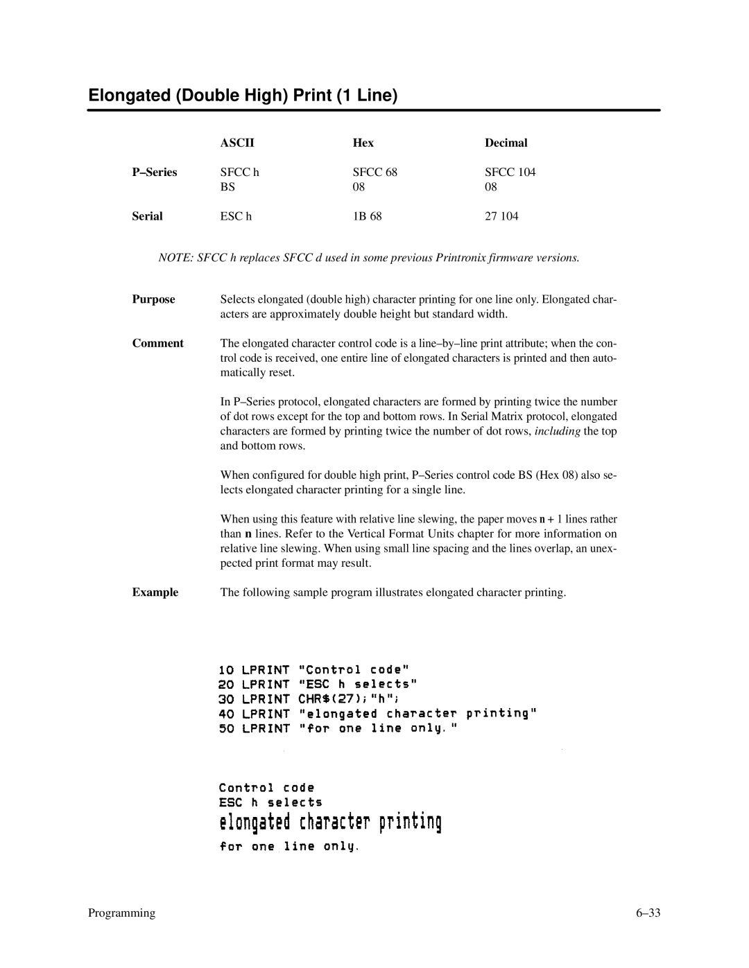 Printronix P3000 Series manual Elongated Double High Print 1 Line, Matically reset 