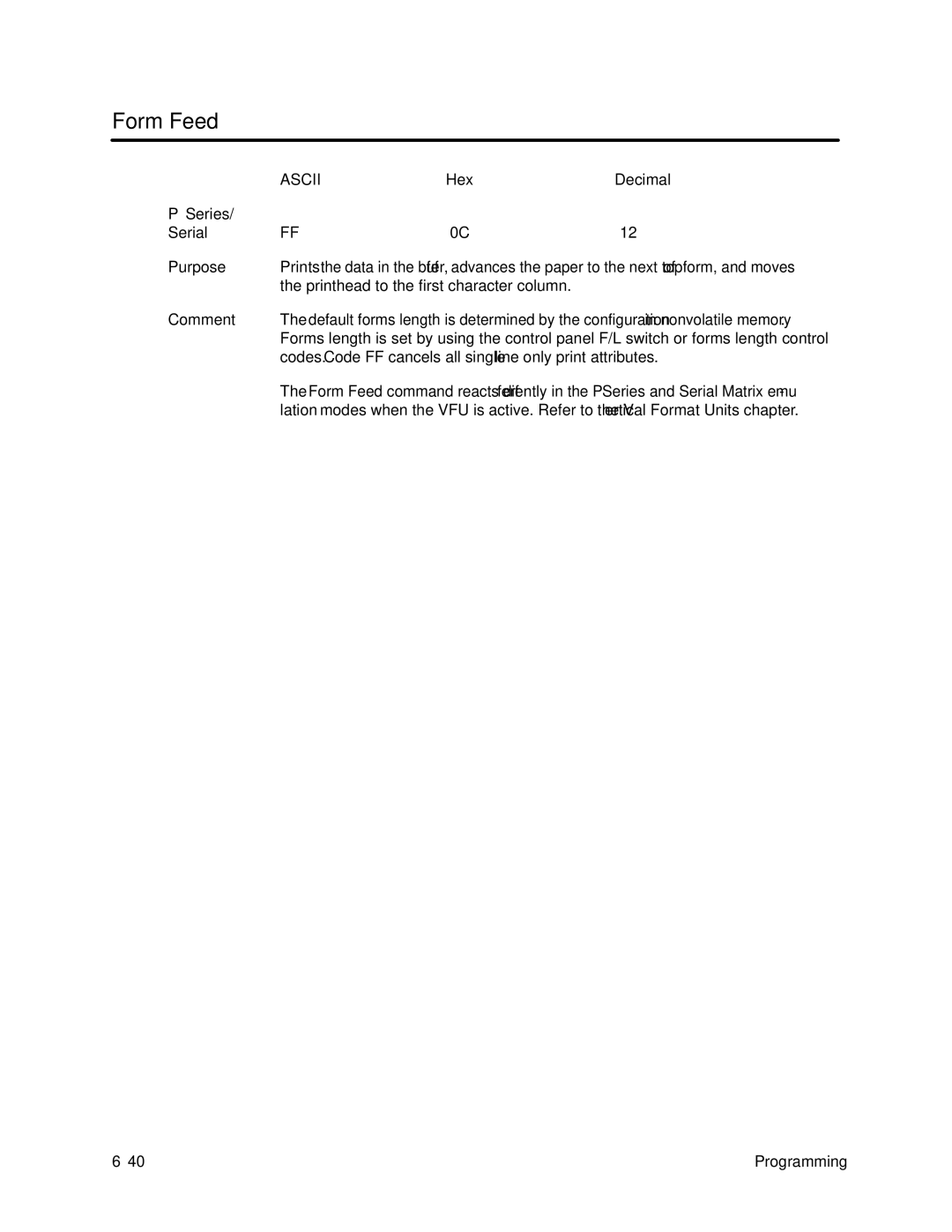 Printronix P3000 Series manual Form Feed, Hex Decimal Series Serial Purpose 