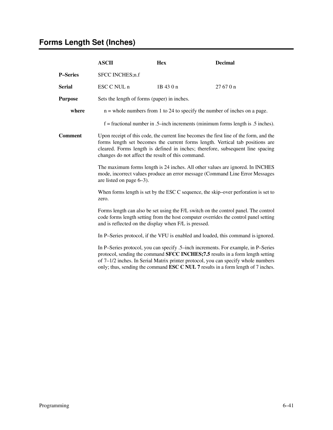 Printronix P3000 Series manual Forms Length Set Inches 