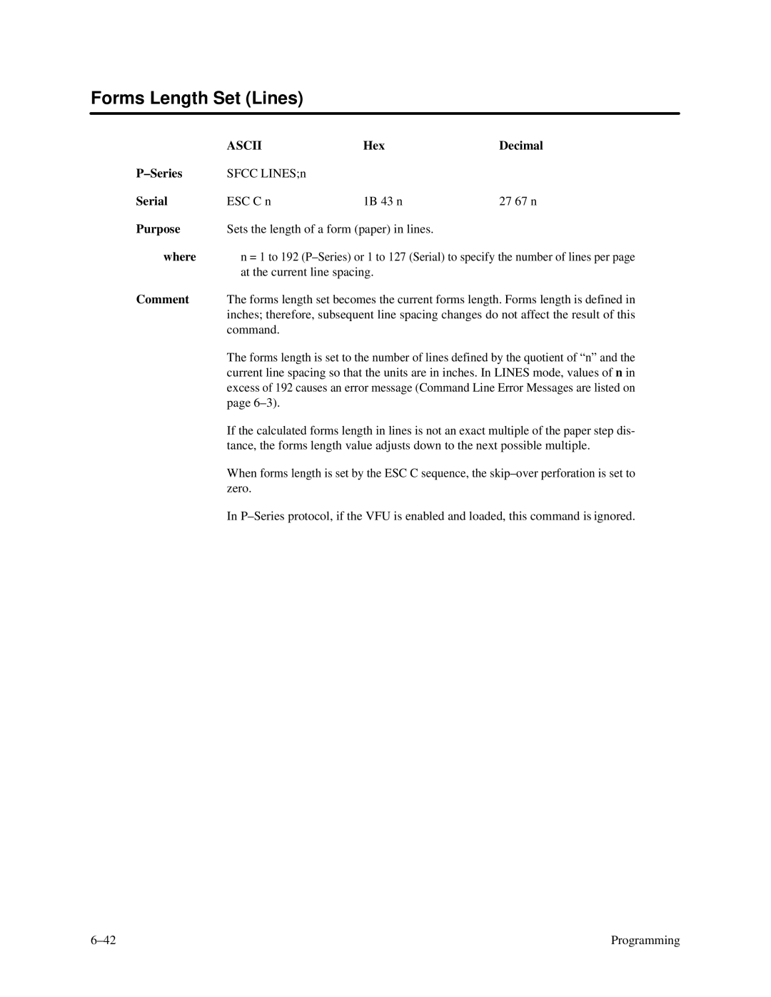 Printronix P3000 Series manual Forms Length Set Lines 