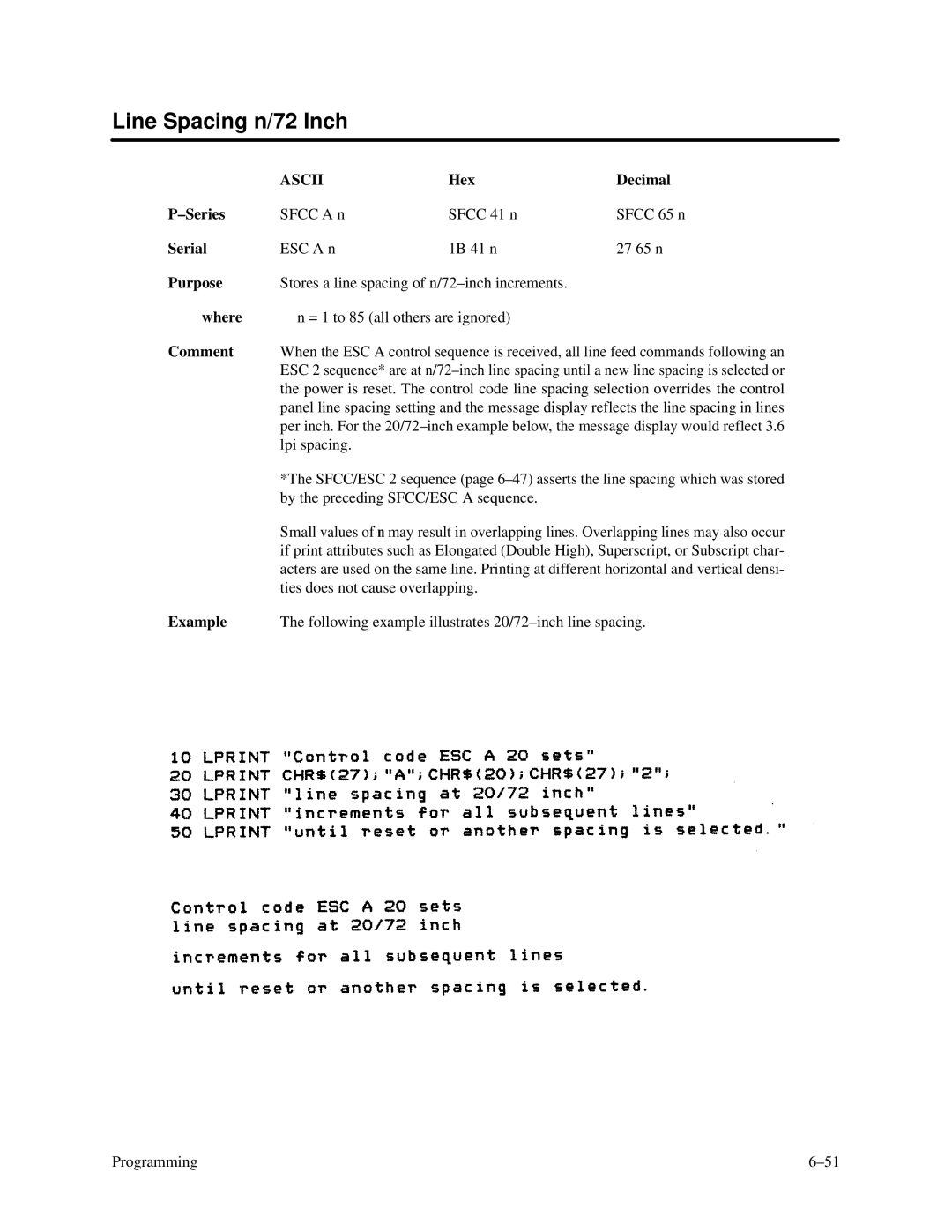 Printronix P3000 Series manual Line Spacing n/72 Inch, By the preceding SFCC/ESC a sequence 