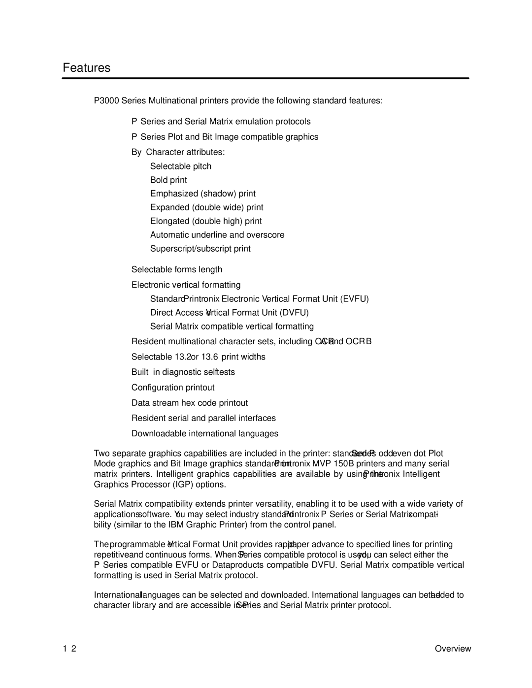 Printronix P3000 Series manual Features 