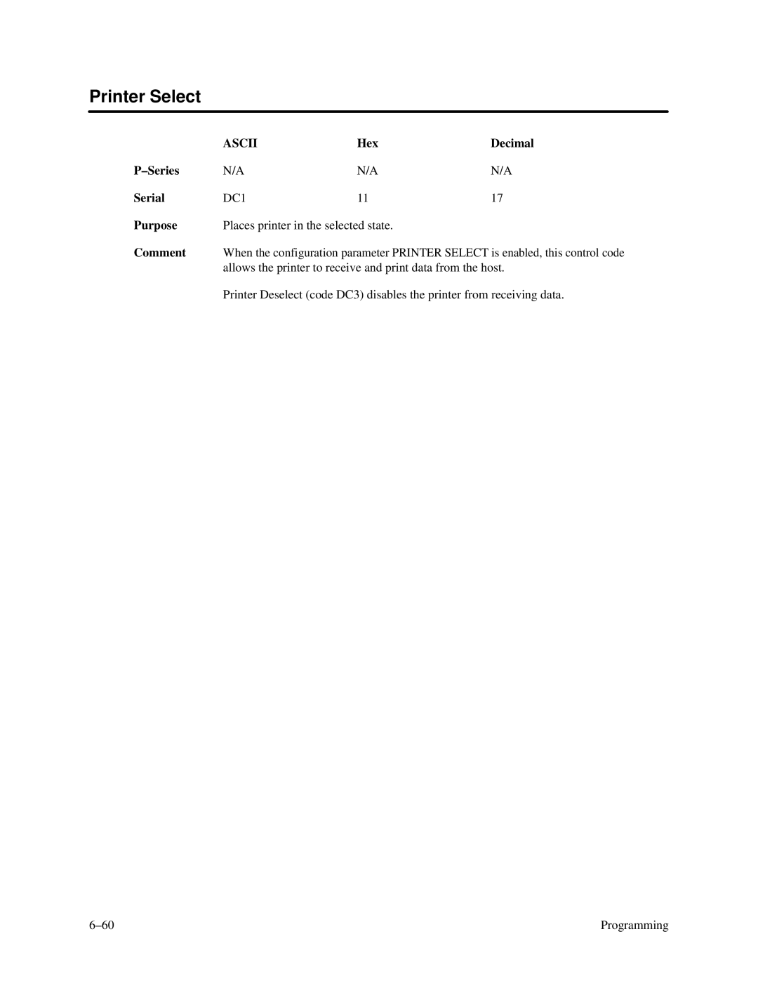 Printronix P3000 Series manual Printer Select, Hex Decimal Series Serial 